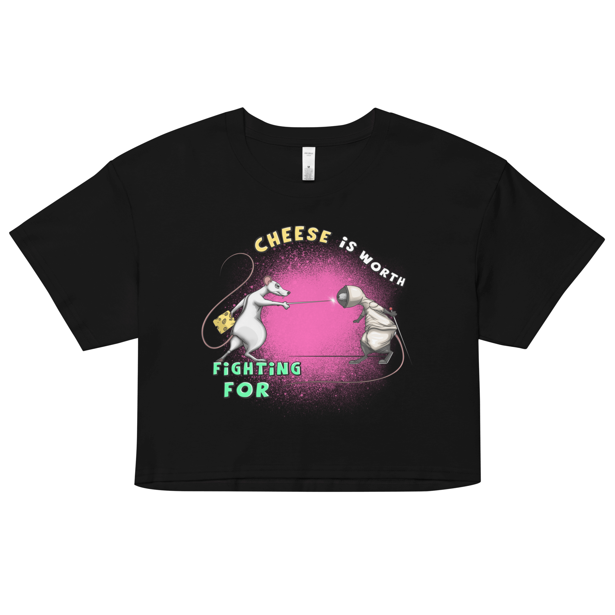 black crop top with two rats fighting over cheese with fencing swords