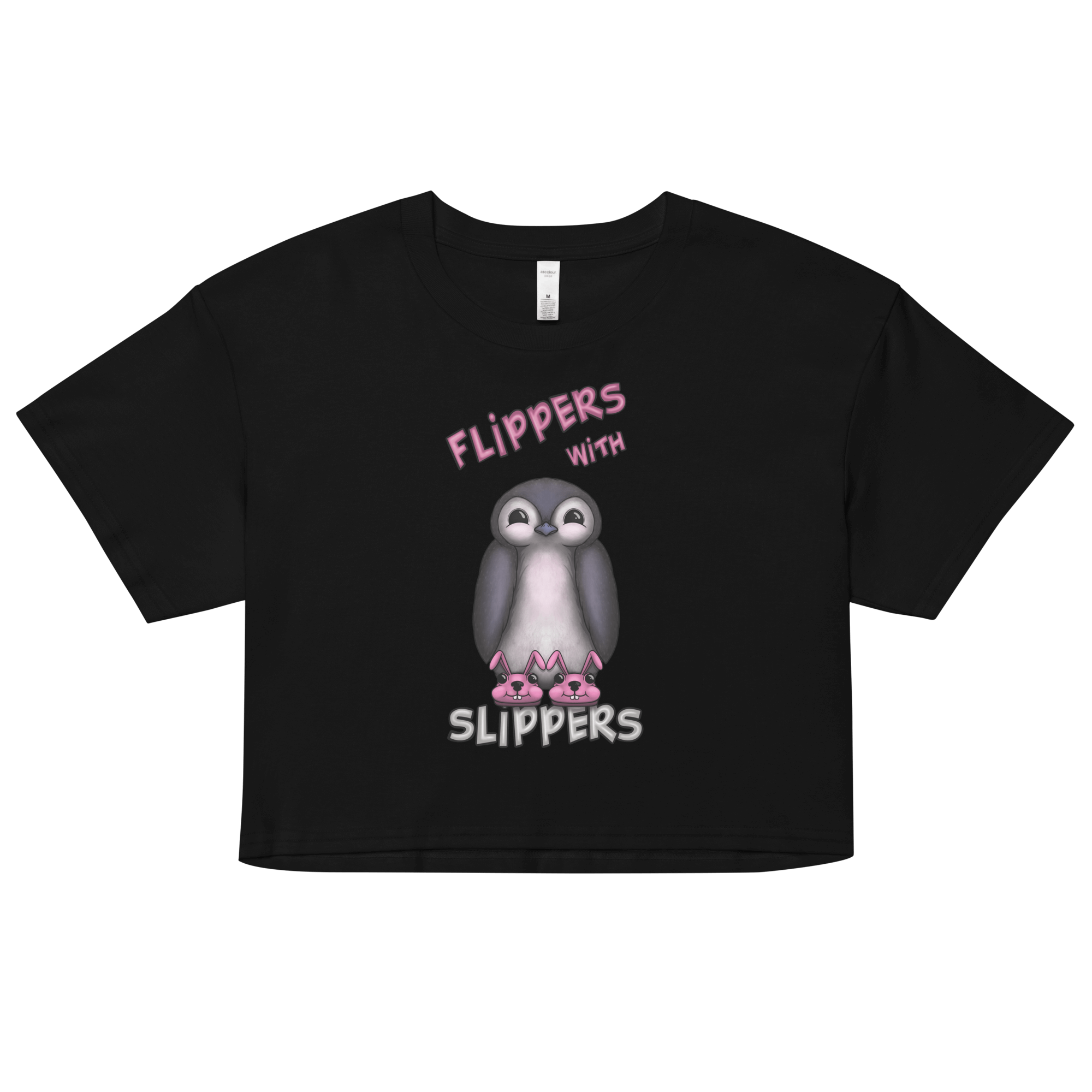 cartoon penguin with pink flippers on women’s crop top black