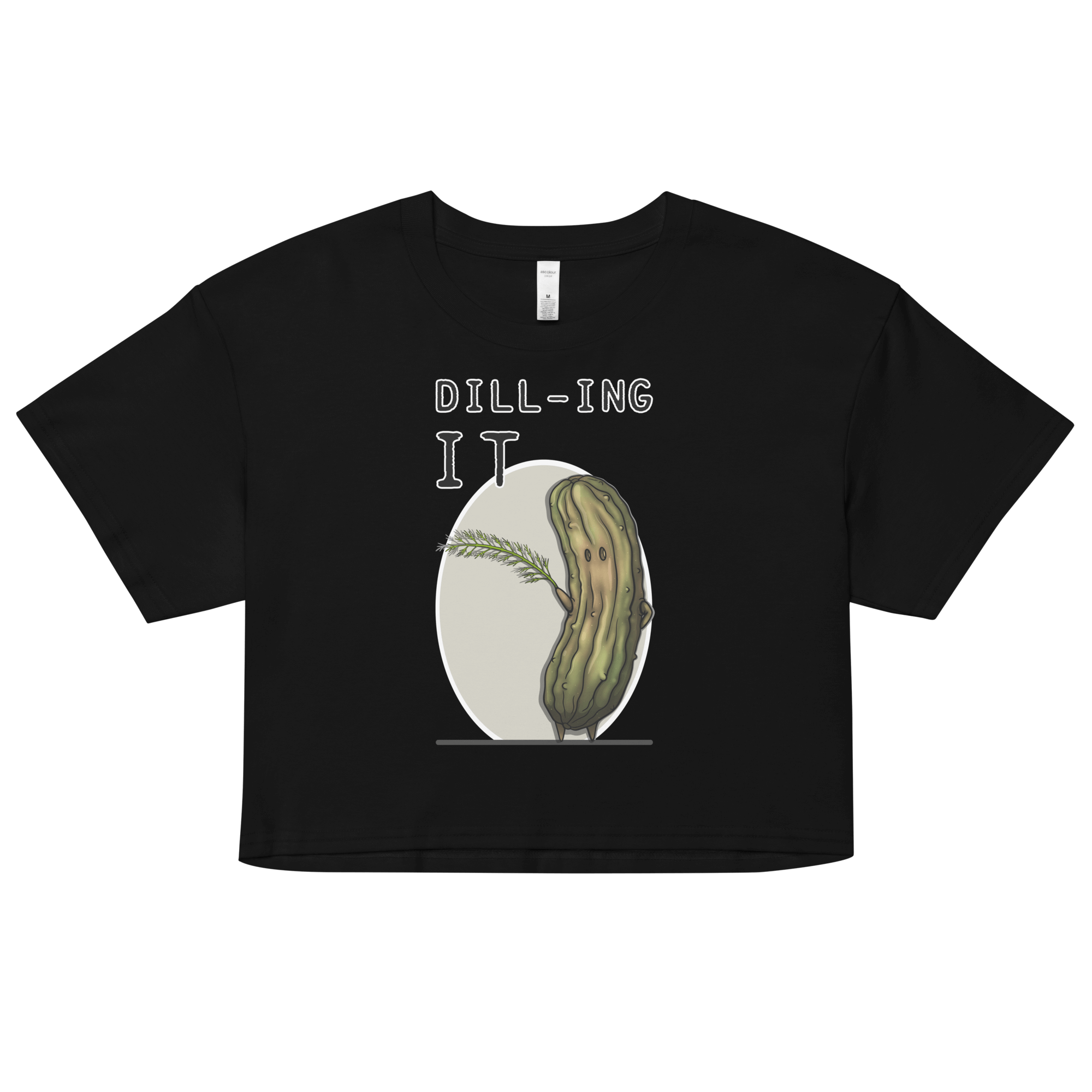 dill and pickle cartoon drawing on women’s crop top black