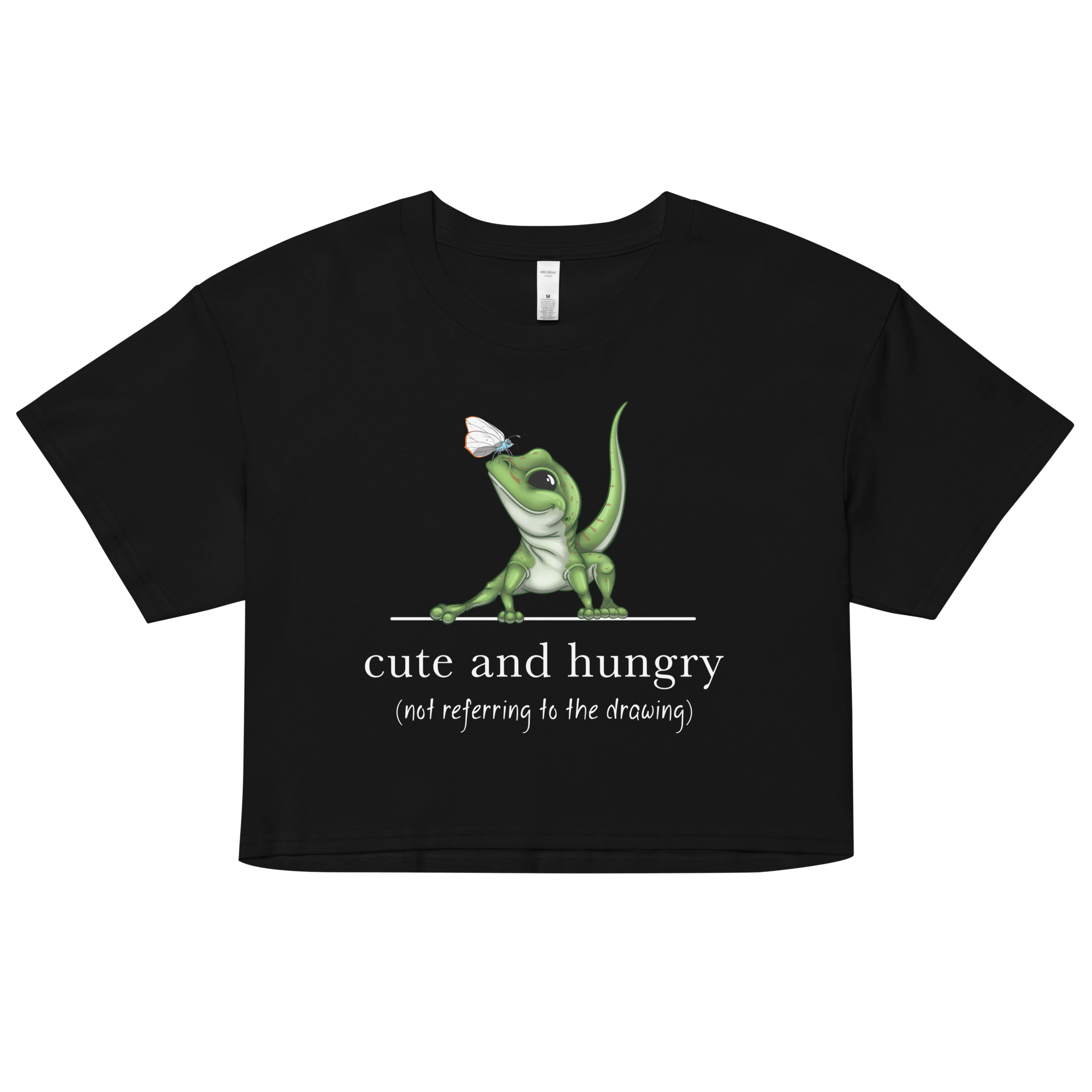 cute and hungry gecko on women’s crop top black