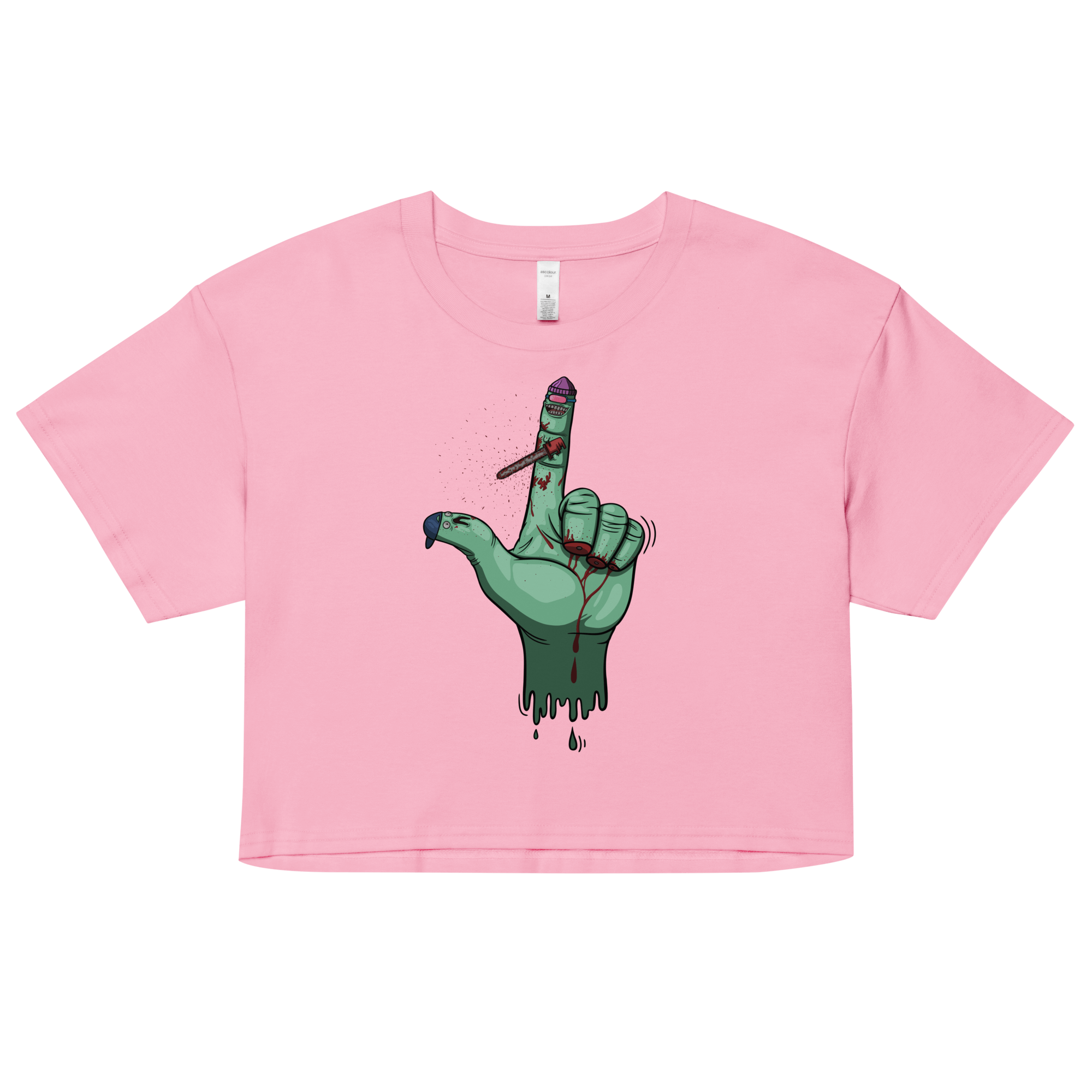 Crazy index finger on a green hand pink crop top