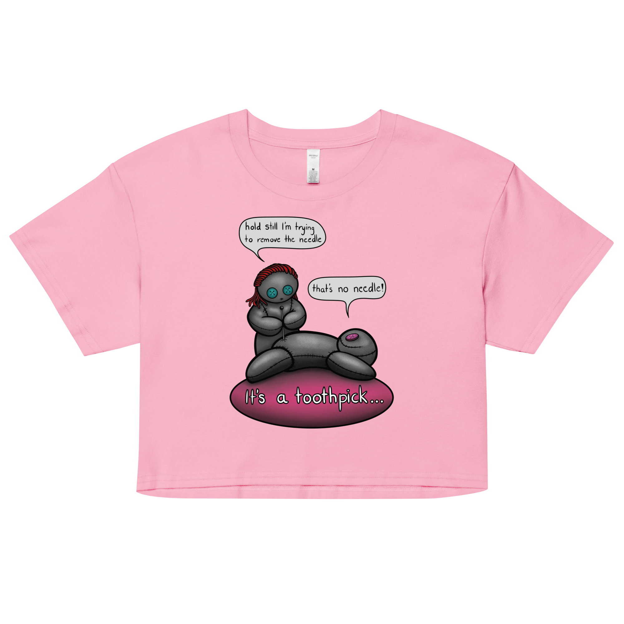 pink woman's crop top with funny cartoon voodoo t-shirt