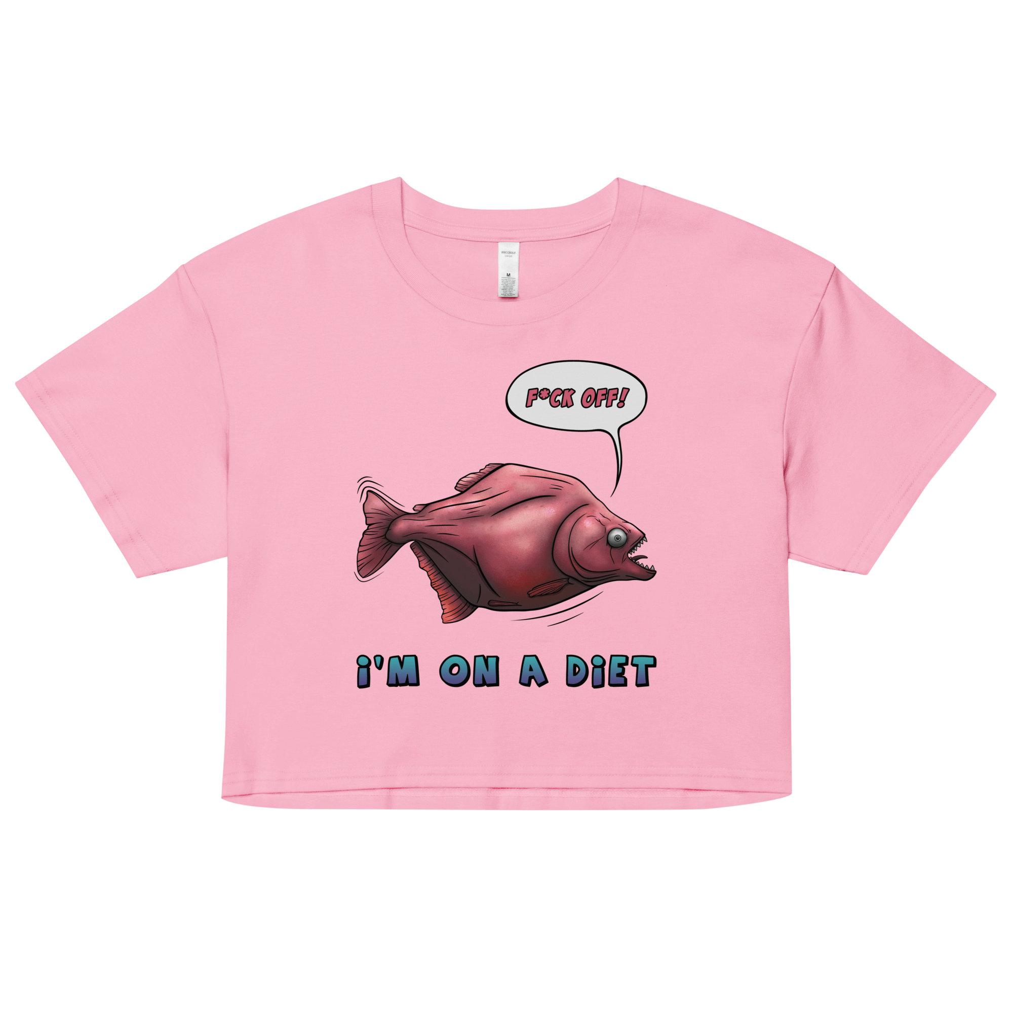 Funny cartoon piranha I'm on a diet pink crop top