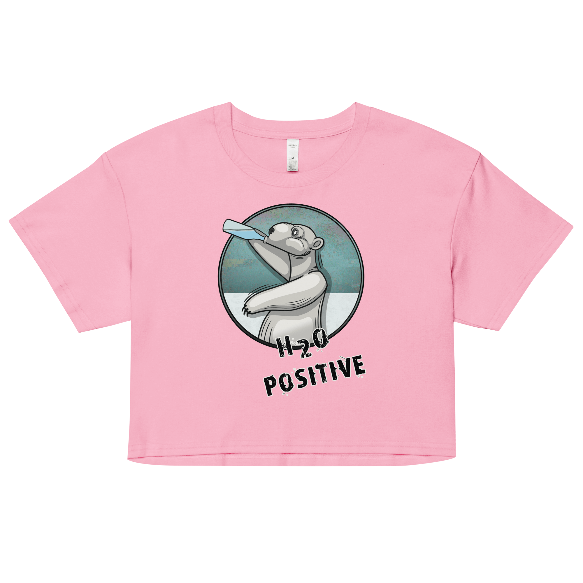 Cartoon polar bear drinking water on pink crop top