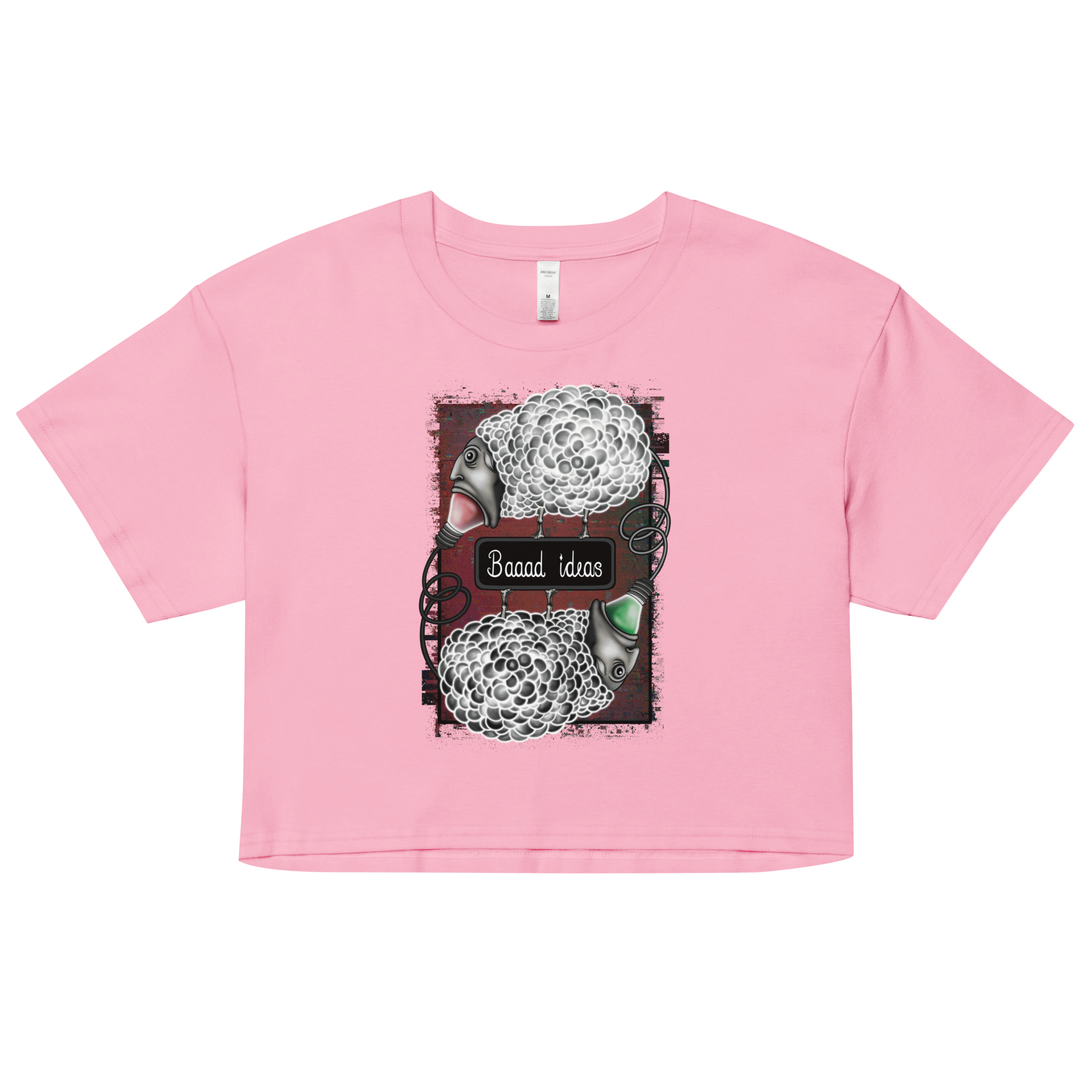 cartoon sheep with bad ideas on pink crop top