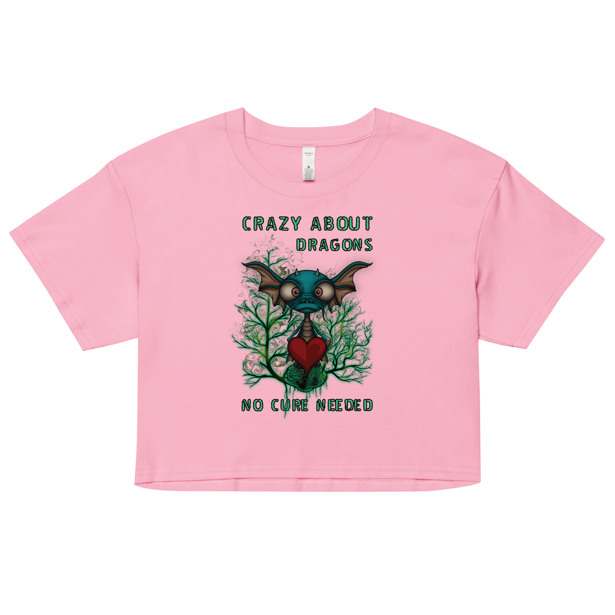 pink woman's crop top with a cute cartoon baby dragon