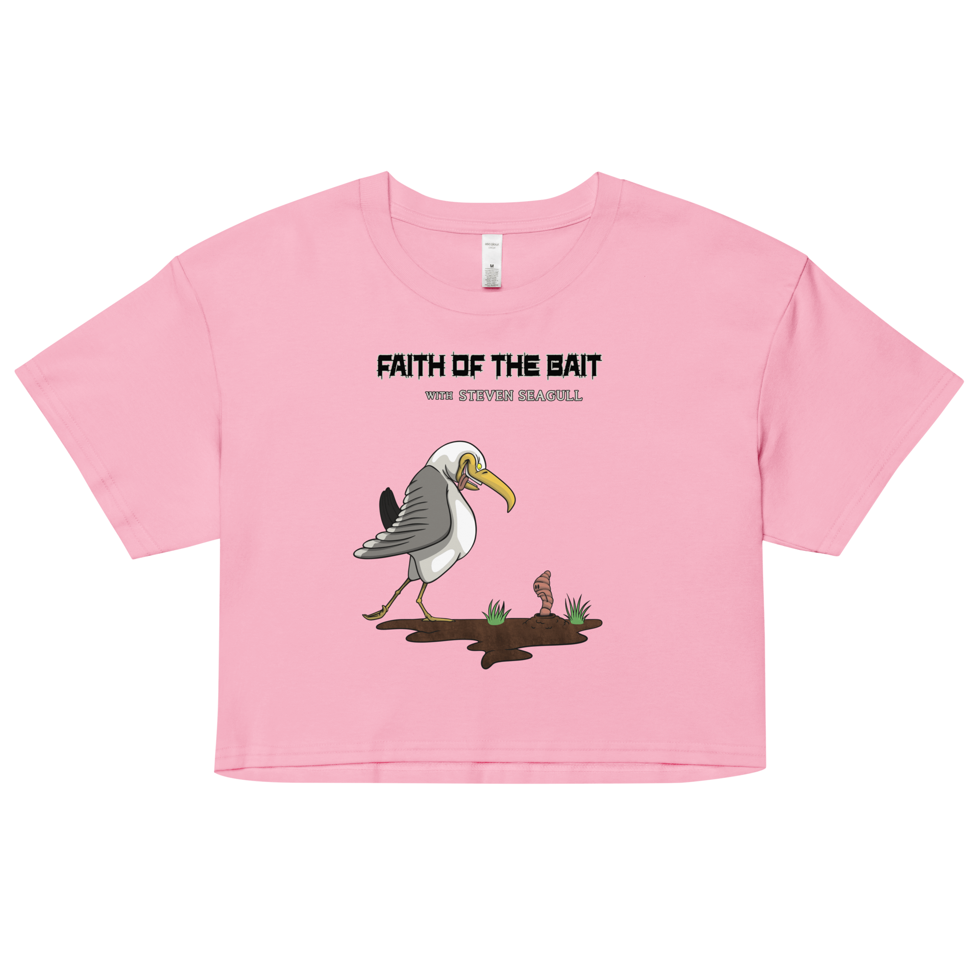 pink woman's crop top with a funny bird and a maggot