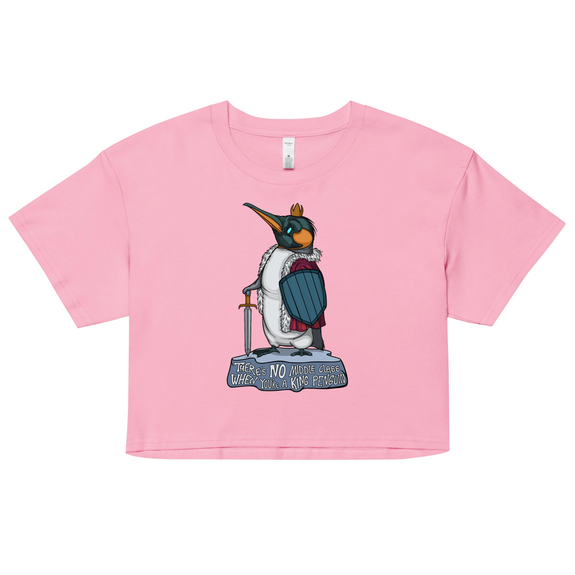 pink women’s crop top with cute cartoon penguin drawing