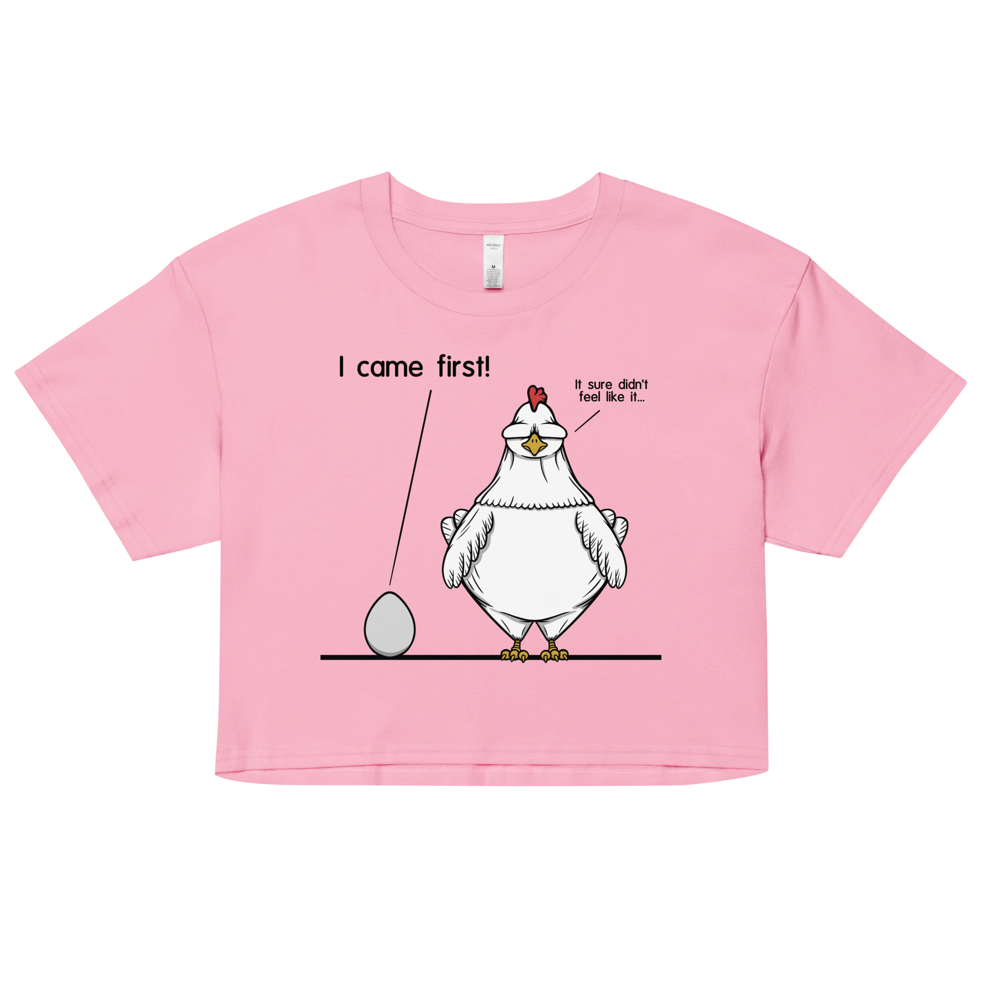 I came first, chicken and egg humor design on pink women’s crop top