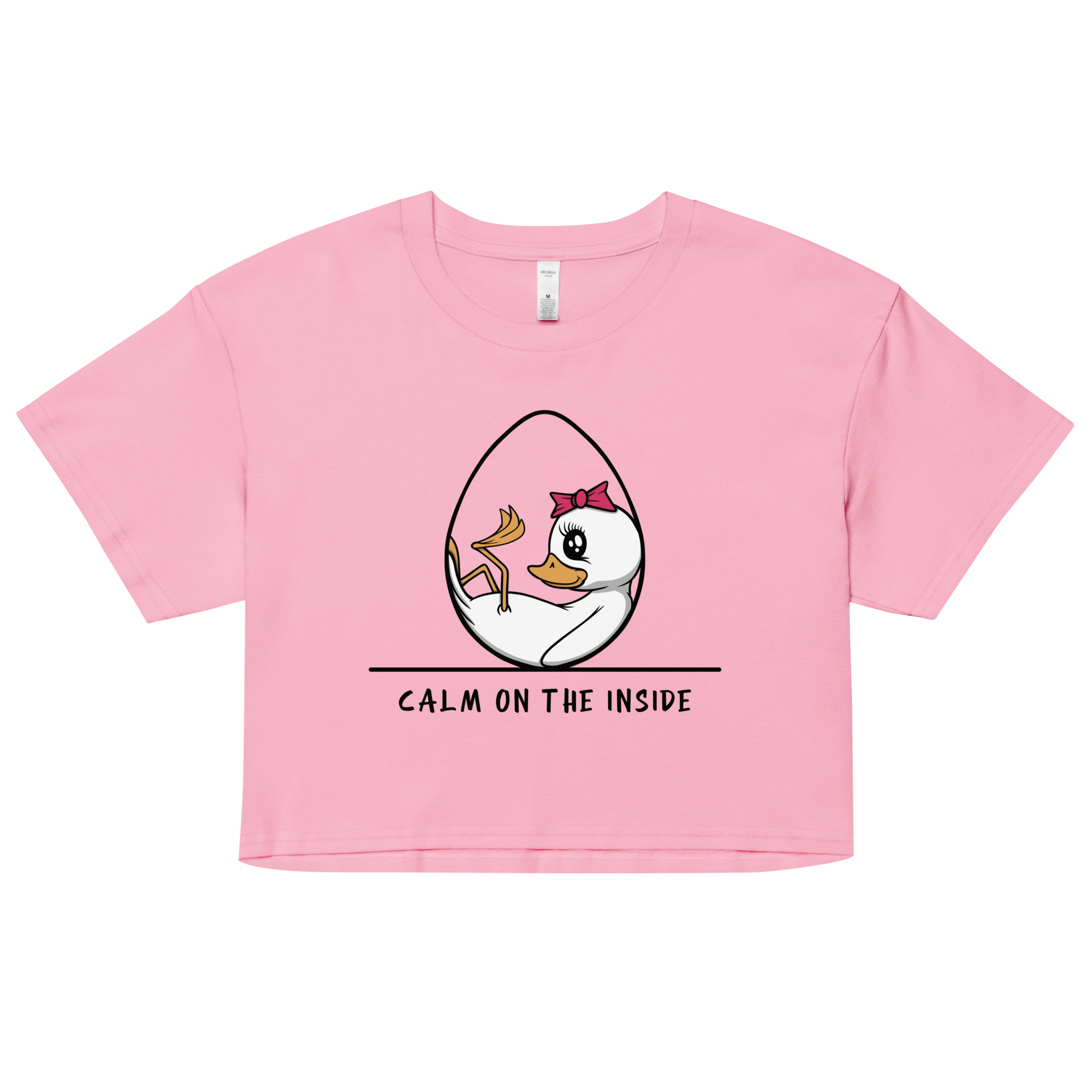 pink women’s crop top with cute baby duckling in an egg