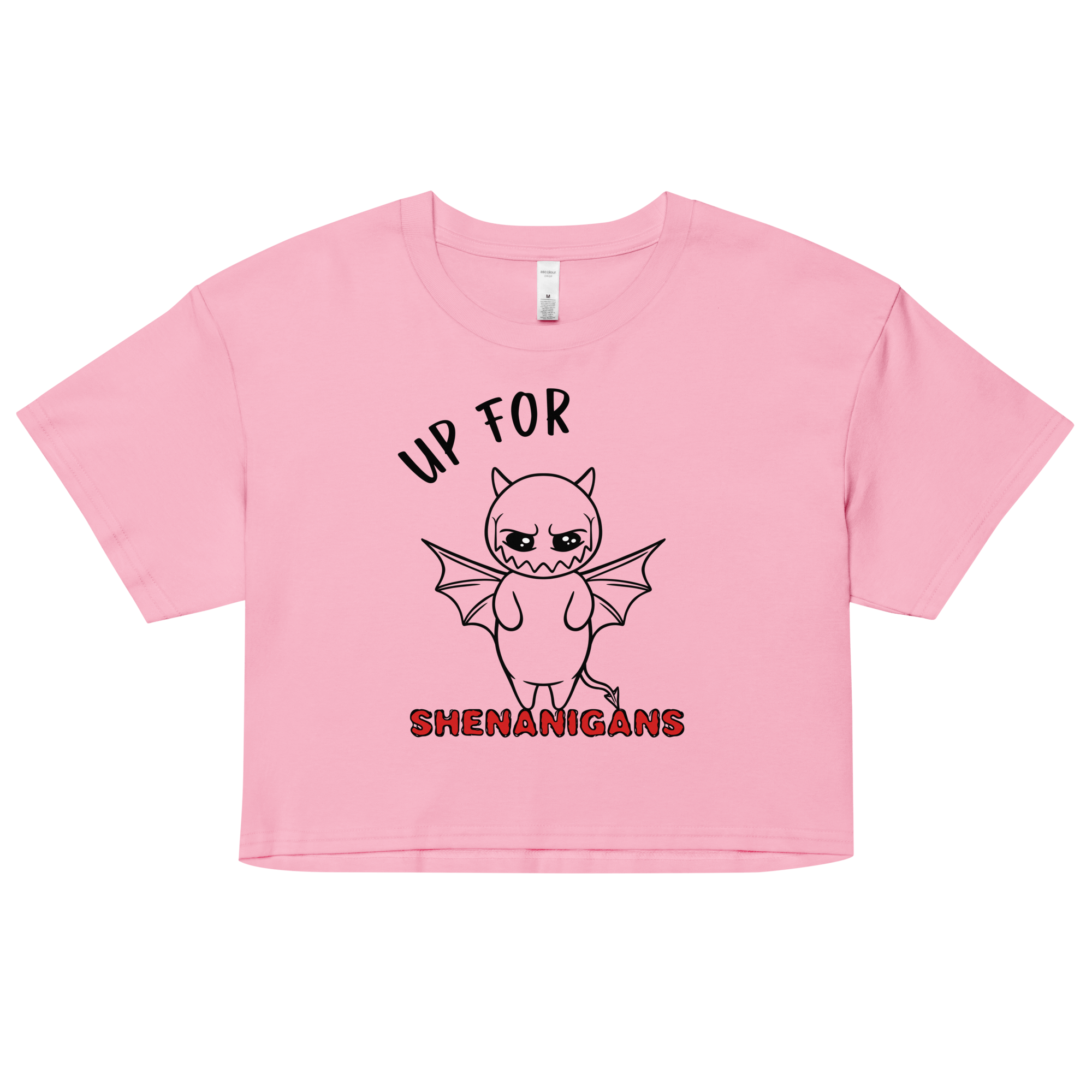 pink women’s crop top with cool devil drawing in cartoon style