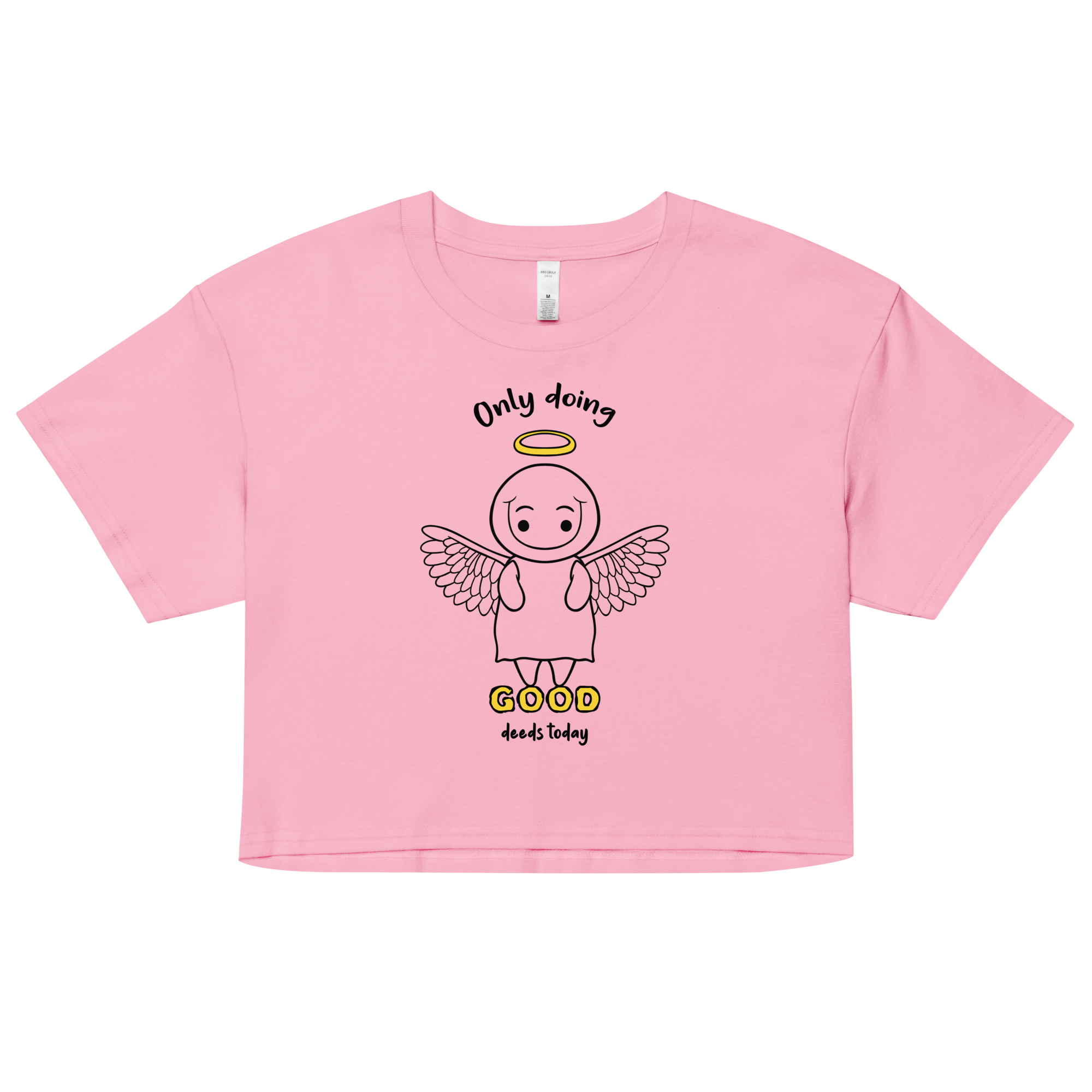 pink women’s crop top with angel doing good deeds drawing