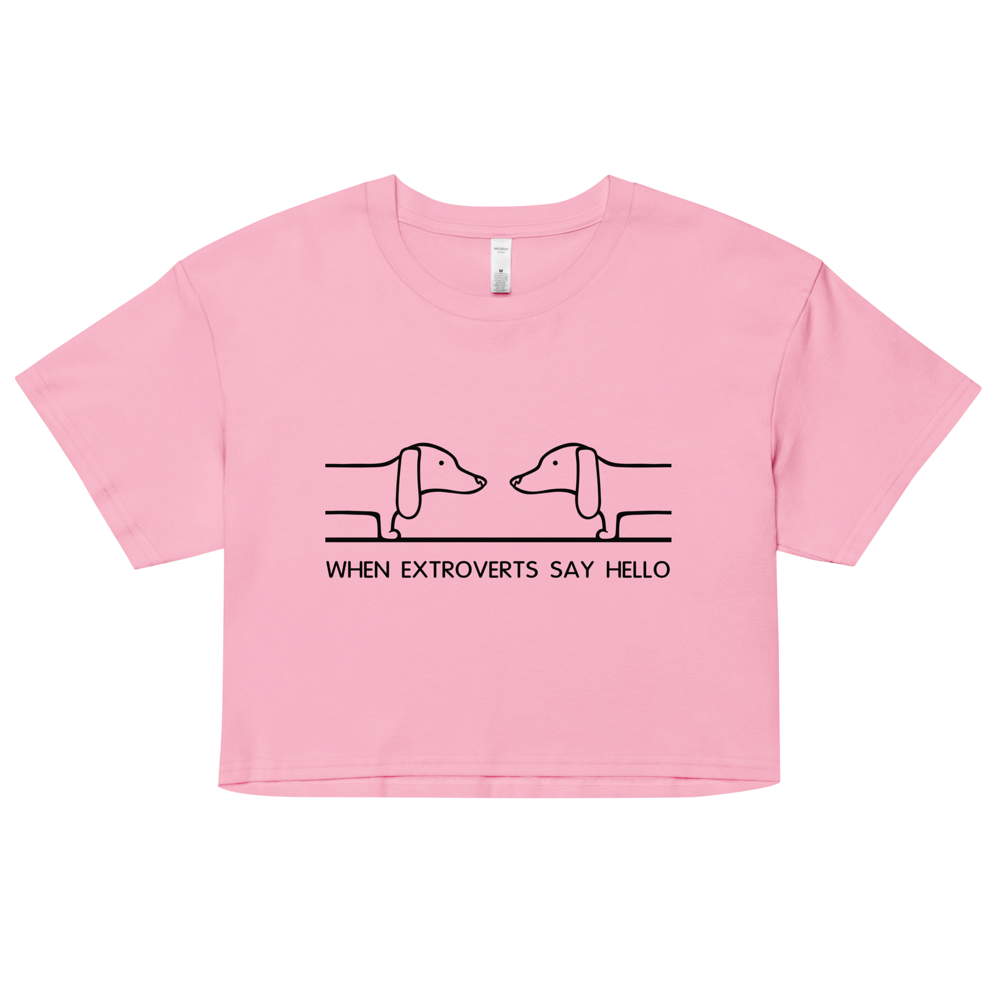 cool dachshund greeting on pink women’s crop top