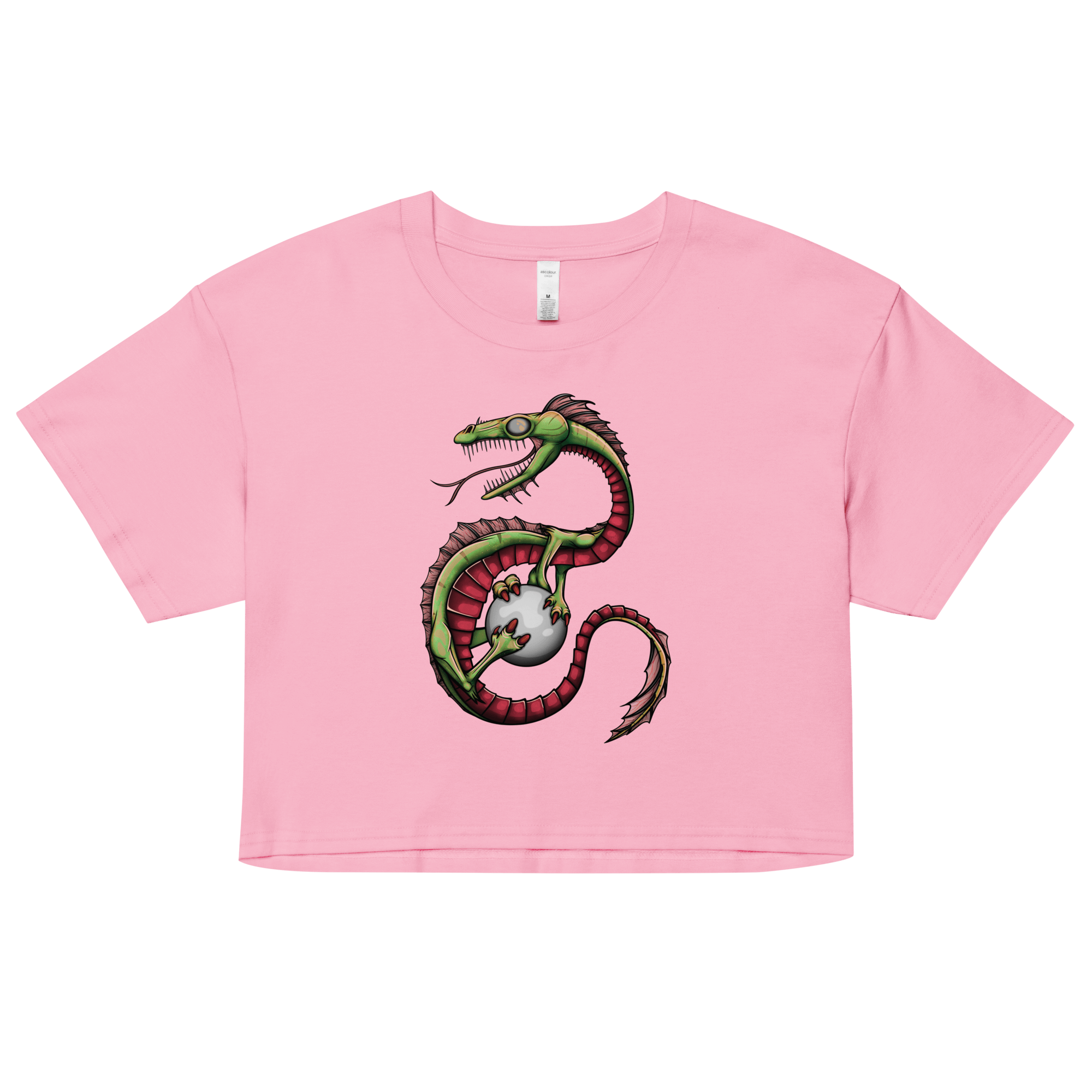 pink women’s crop top with cartoon water dragon