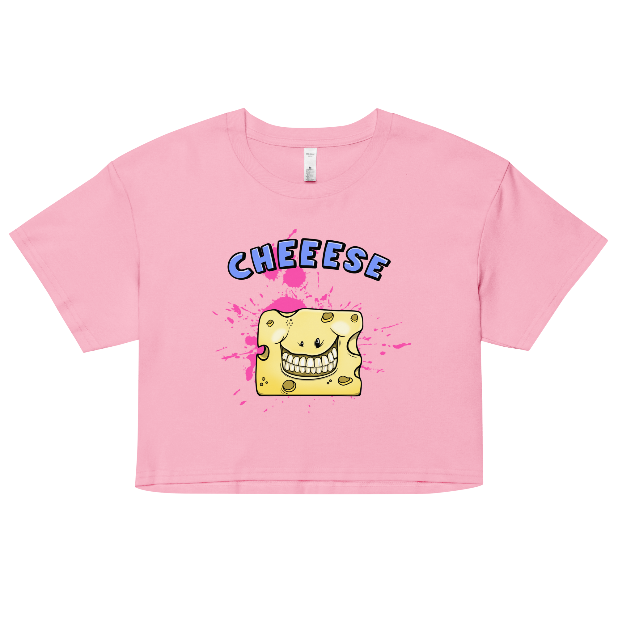 Funny cartoon cheese smiling on pink crop top