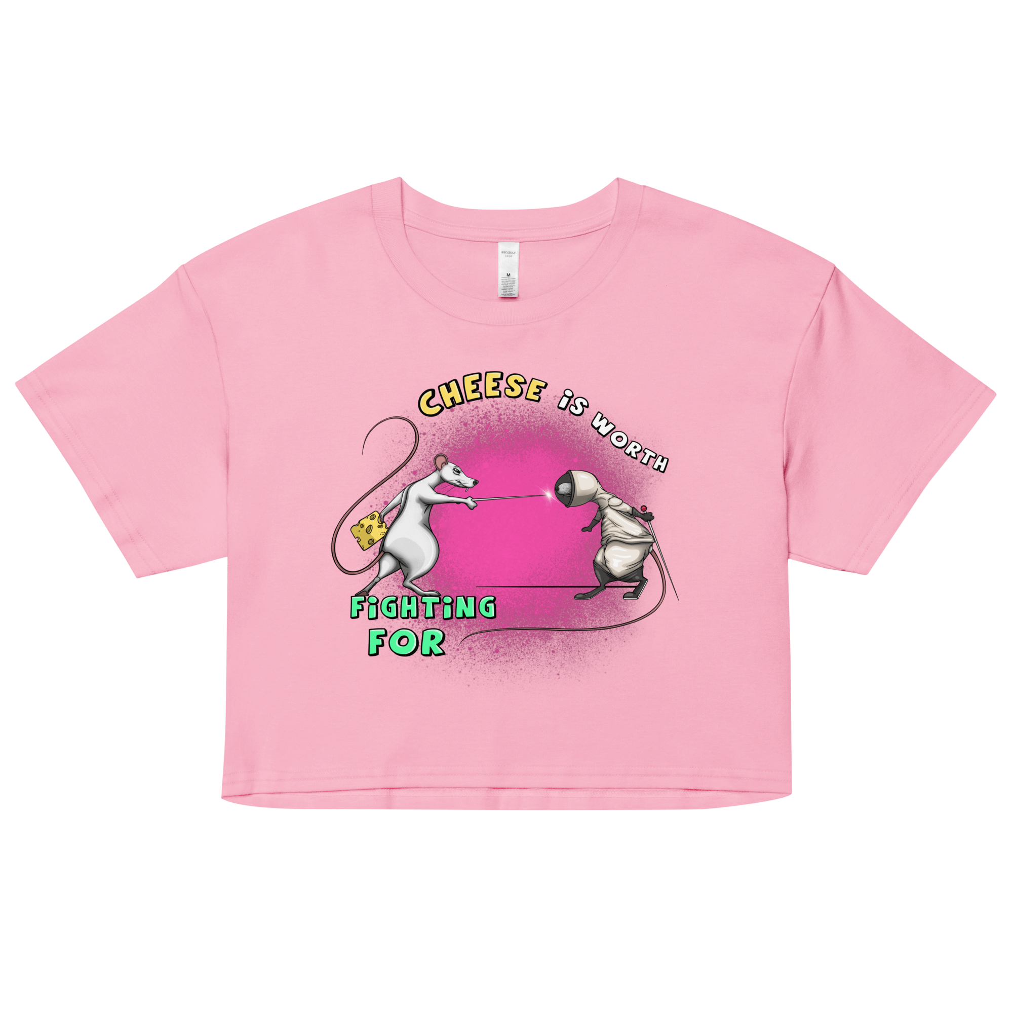 pink women’s crop top with rats fighting for cheese drawn in cartoon style