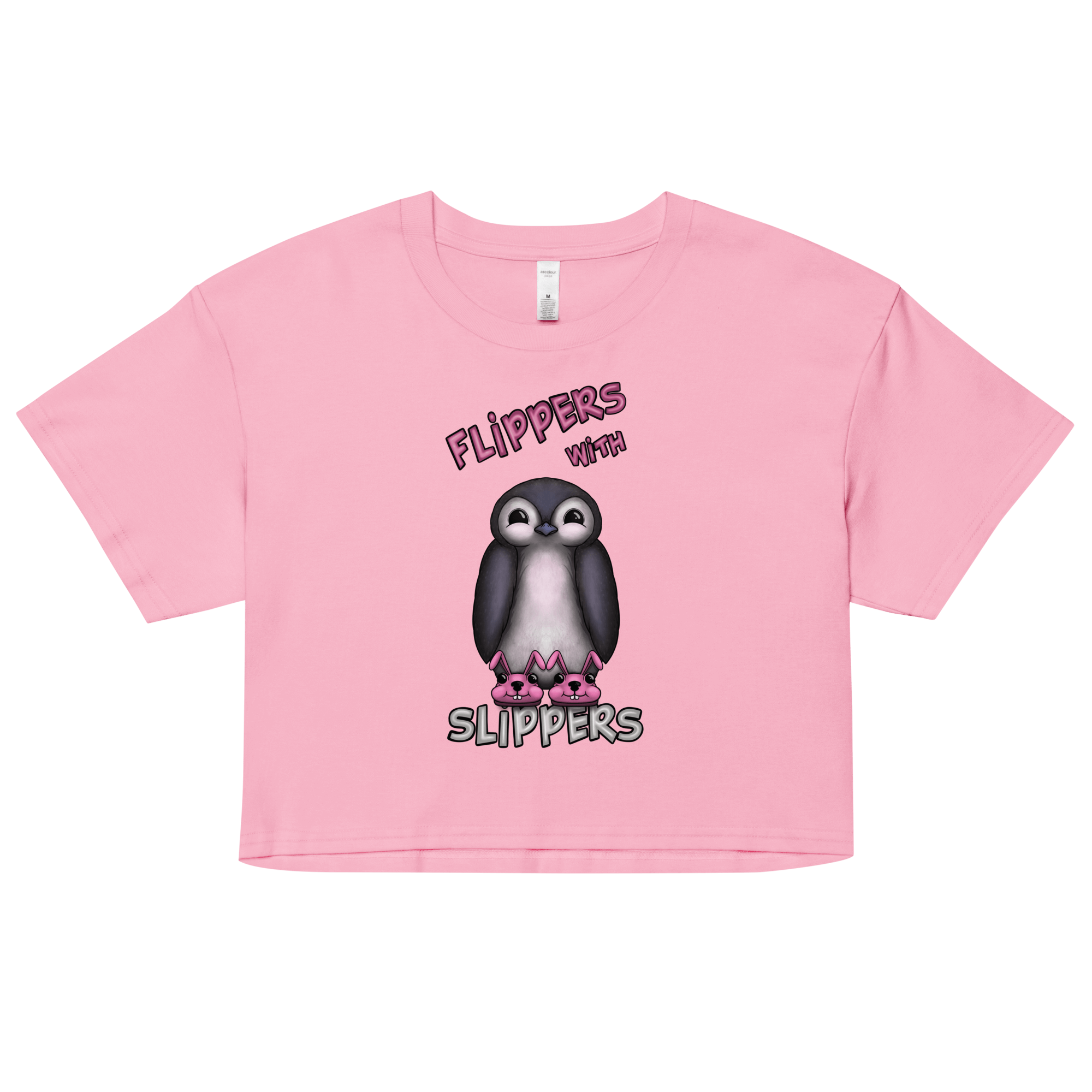 Flippers with slippers drawing on pink women’s crop top