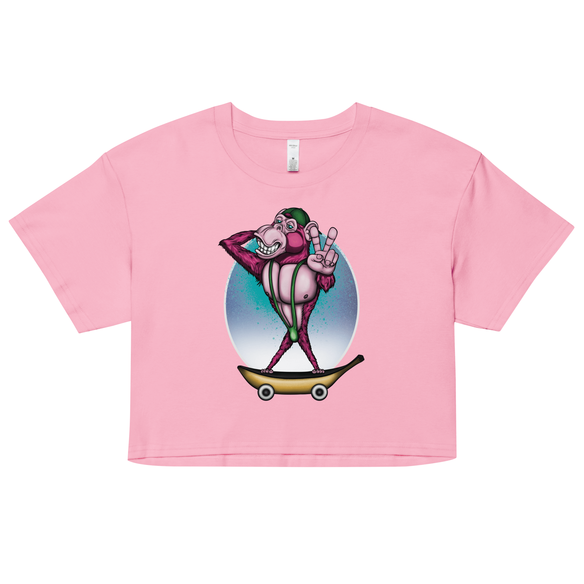 cool skate monkey in cartoon style on pink women’s crop top