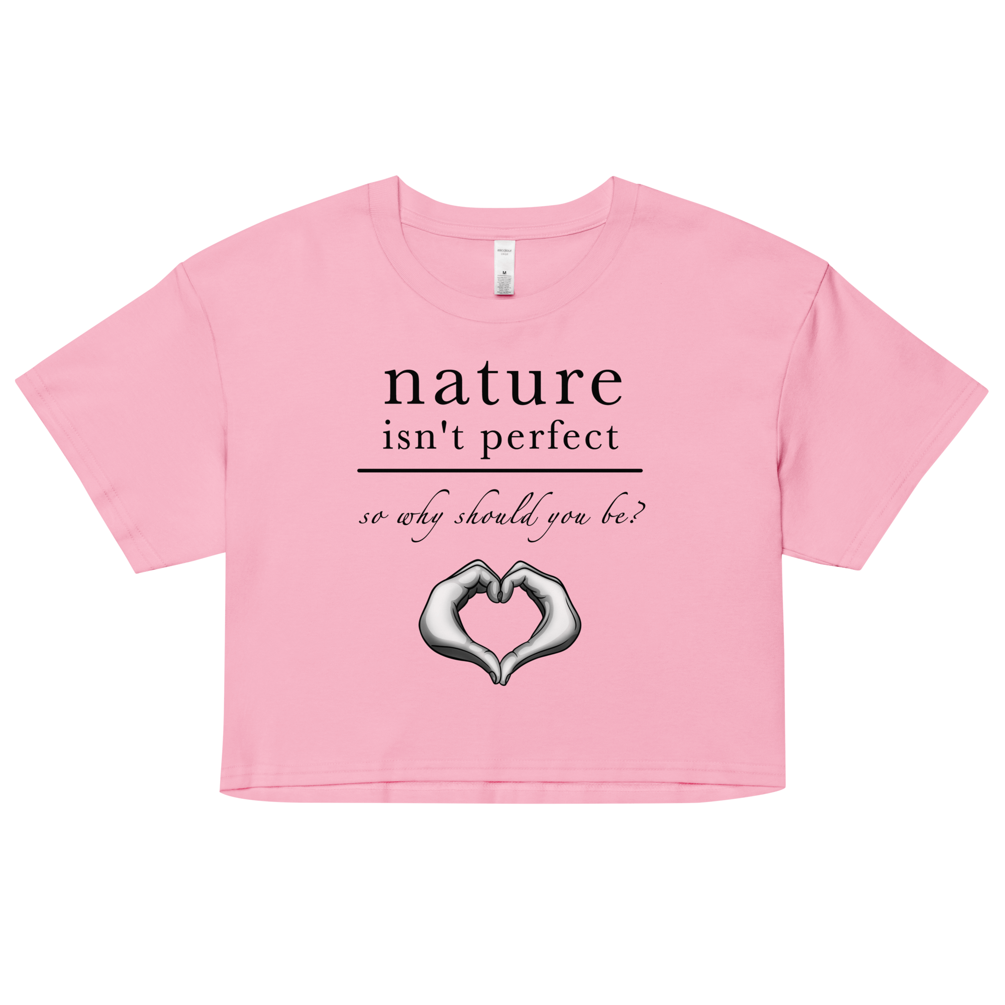 pink women’s crop top with heart shaped hands drawing