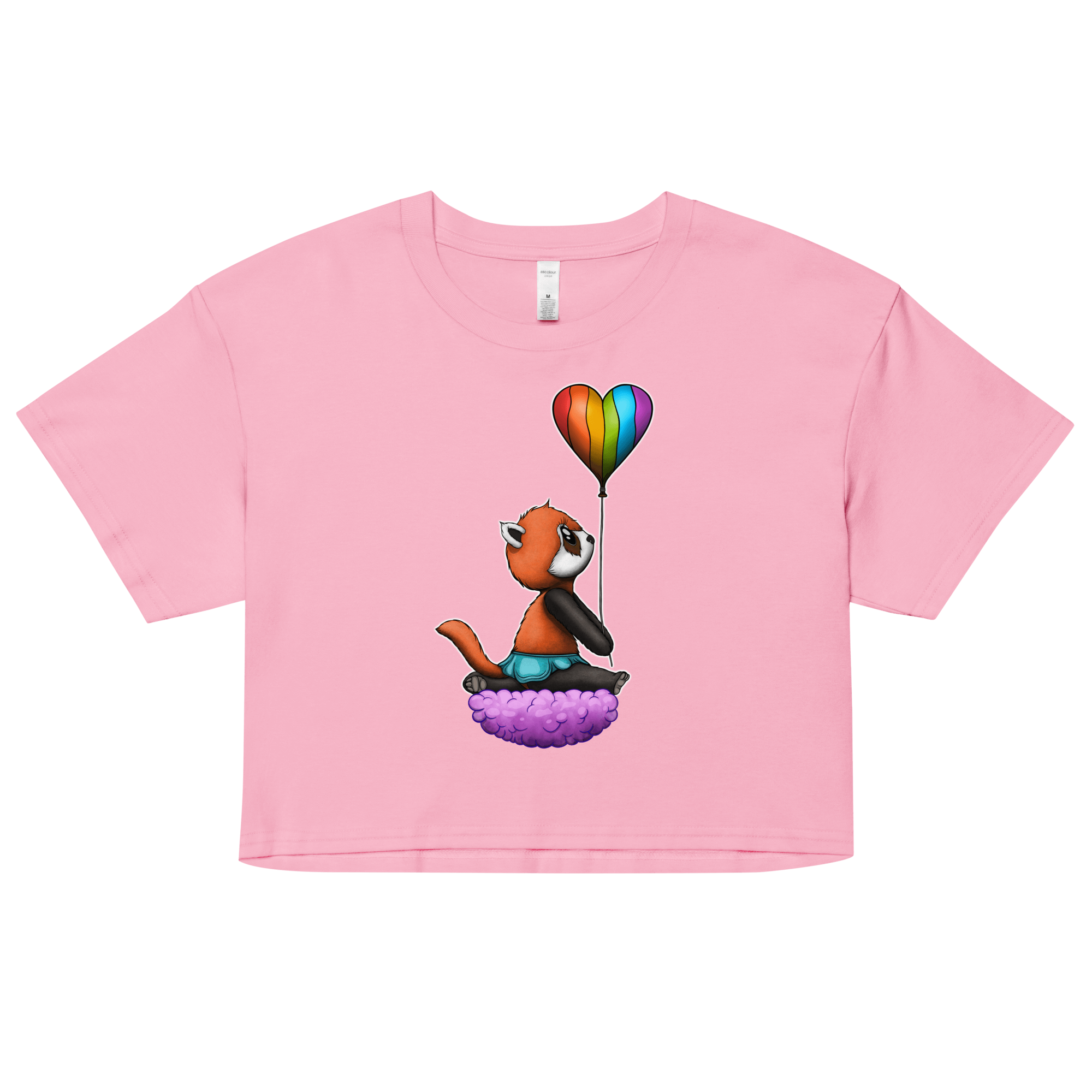 panda bear holding a pride flag balloon on women’s crop top pink