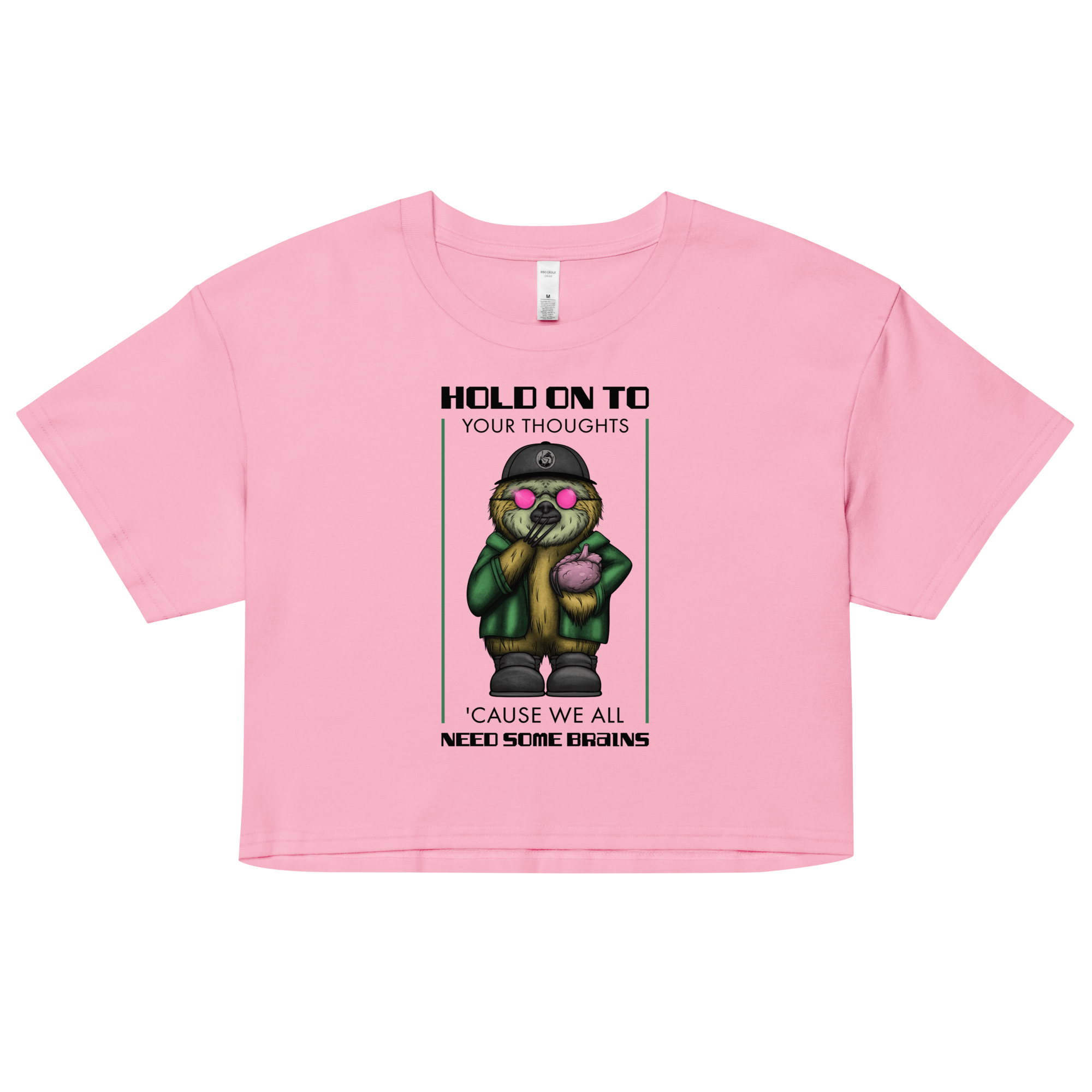 woman's crop top pink with a cartoon sloth wearing pink sunglasses