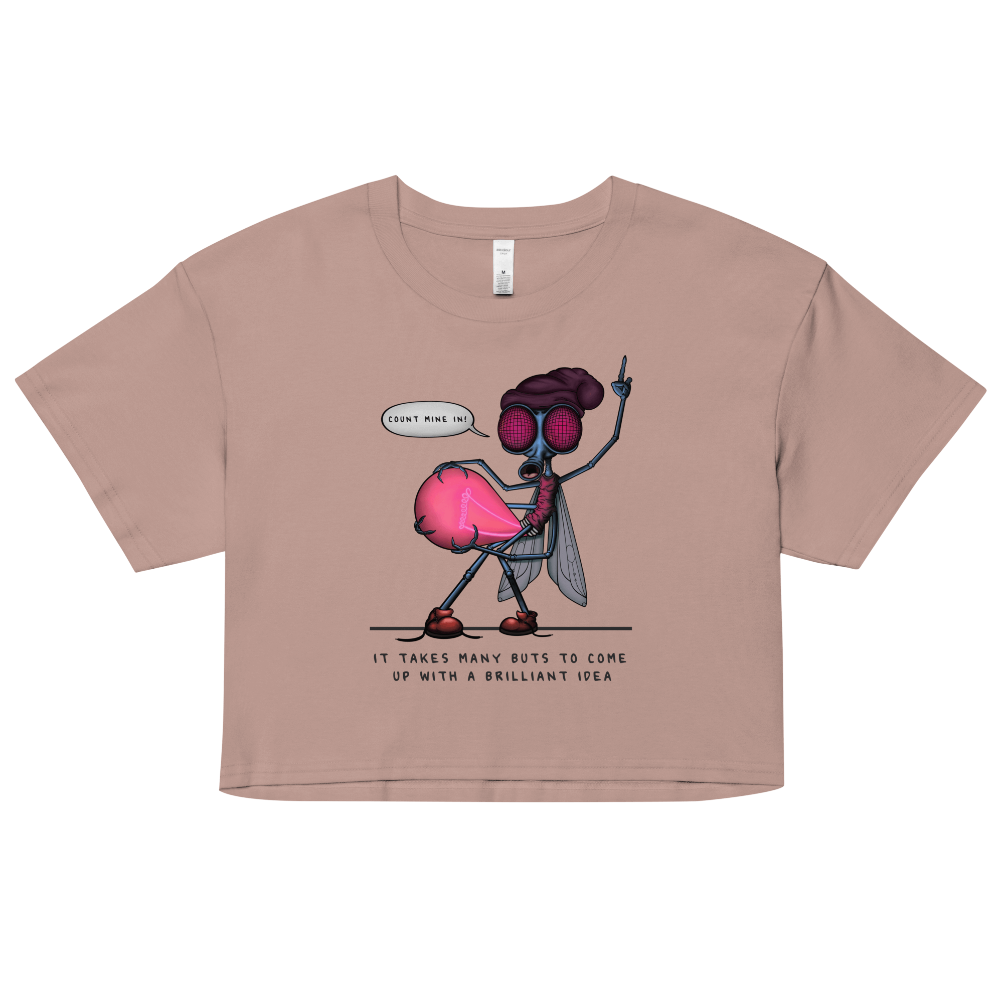 Cute pink cartoon insect on pink woman's crop top