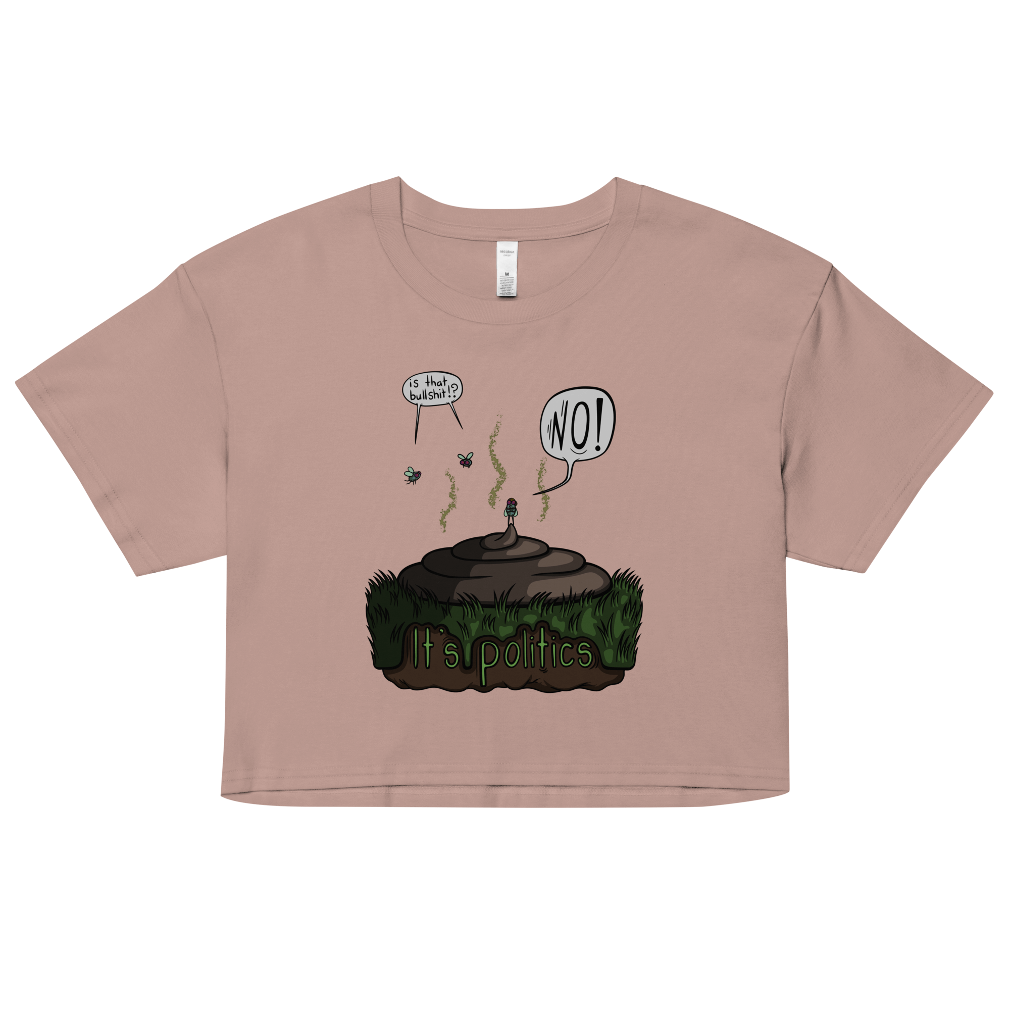 cartoon design of flies and bullshit pink crop top