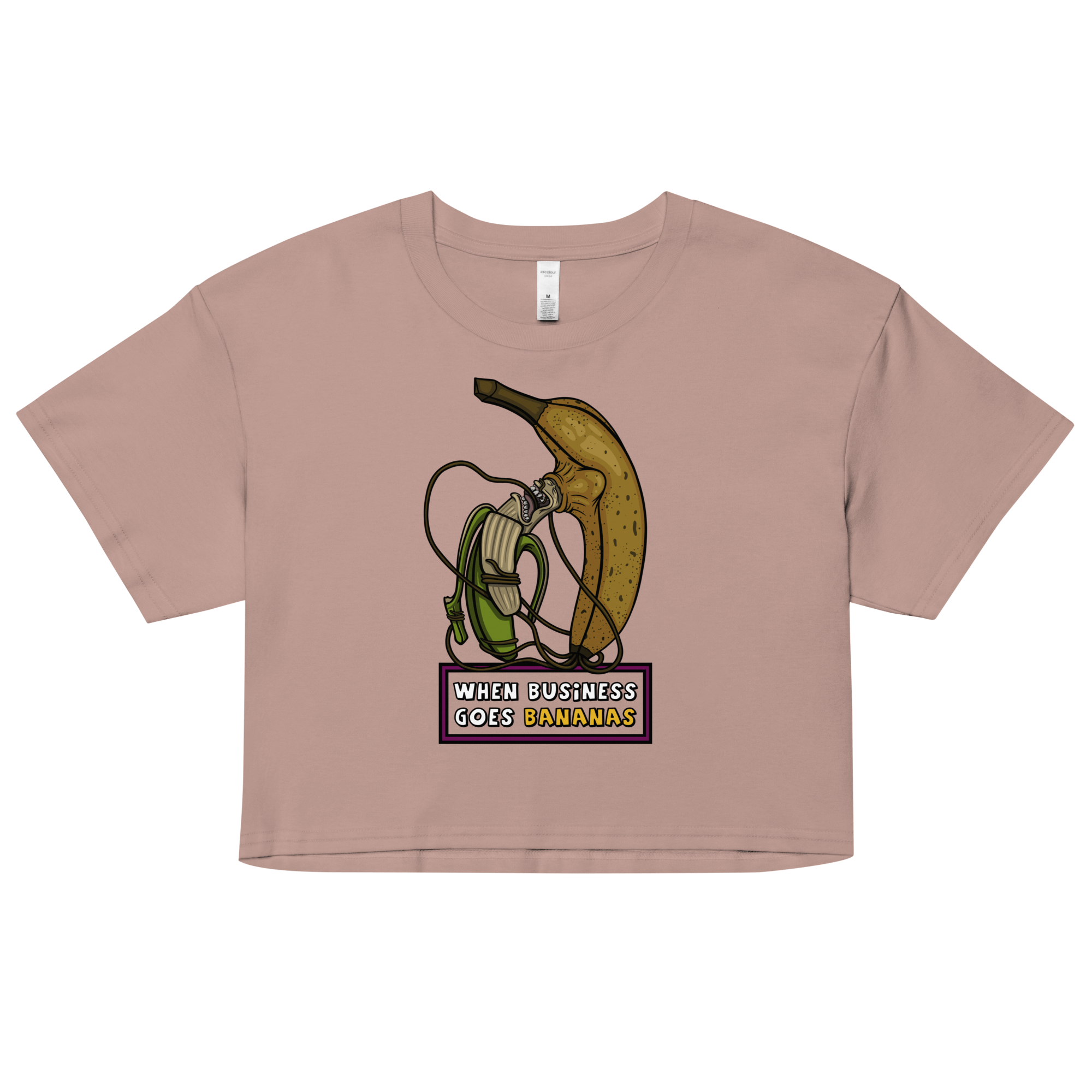 pink crop top with a cartoon drawing of two bananas