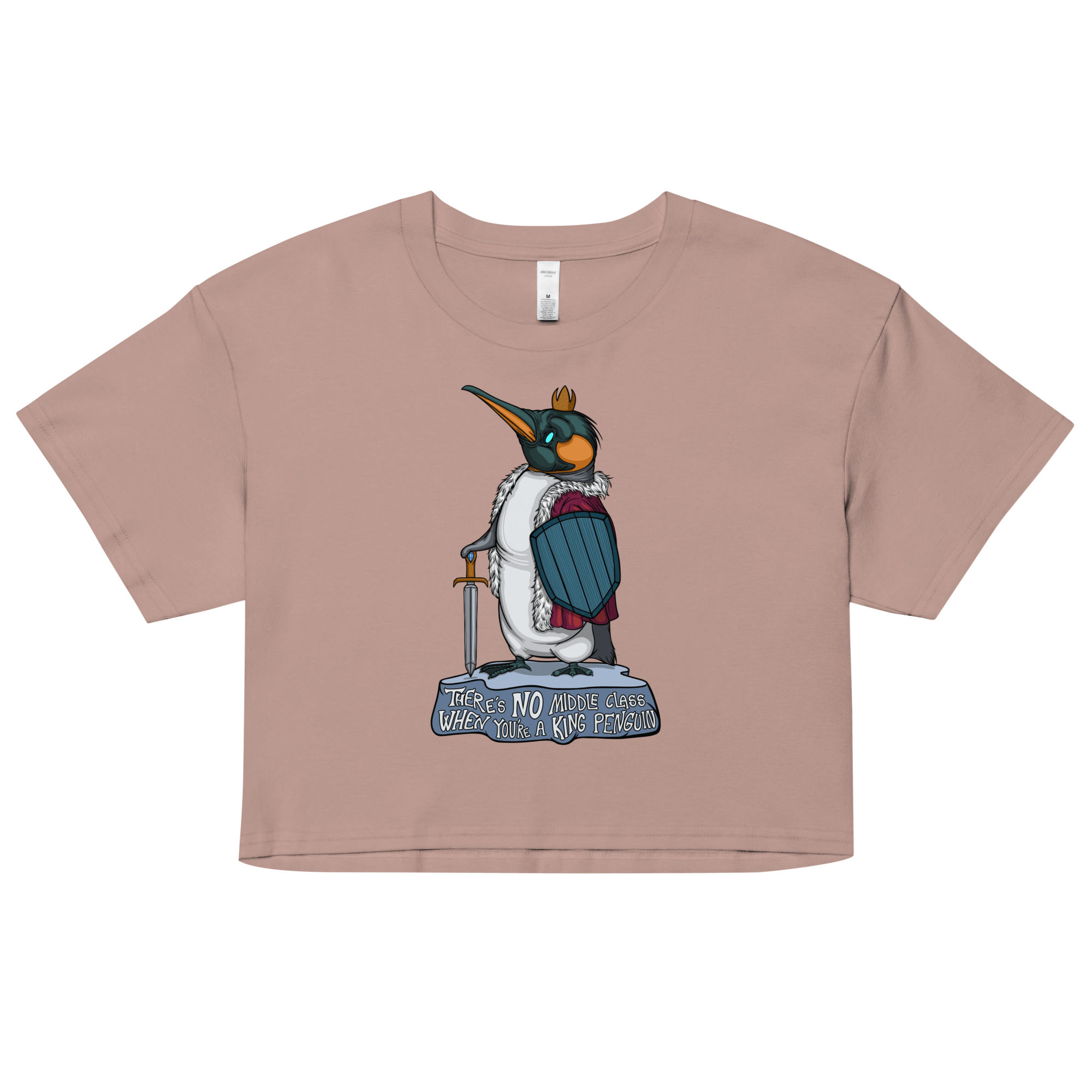 pink women’s crop top with humor king penguin in cartoon style