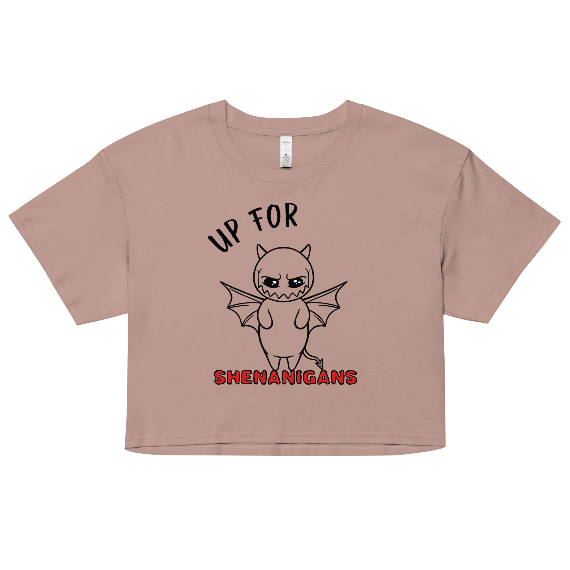 pink women’s crop top with shenanigans devil drawing