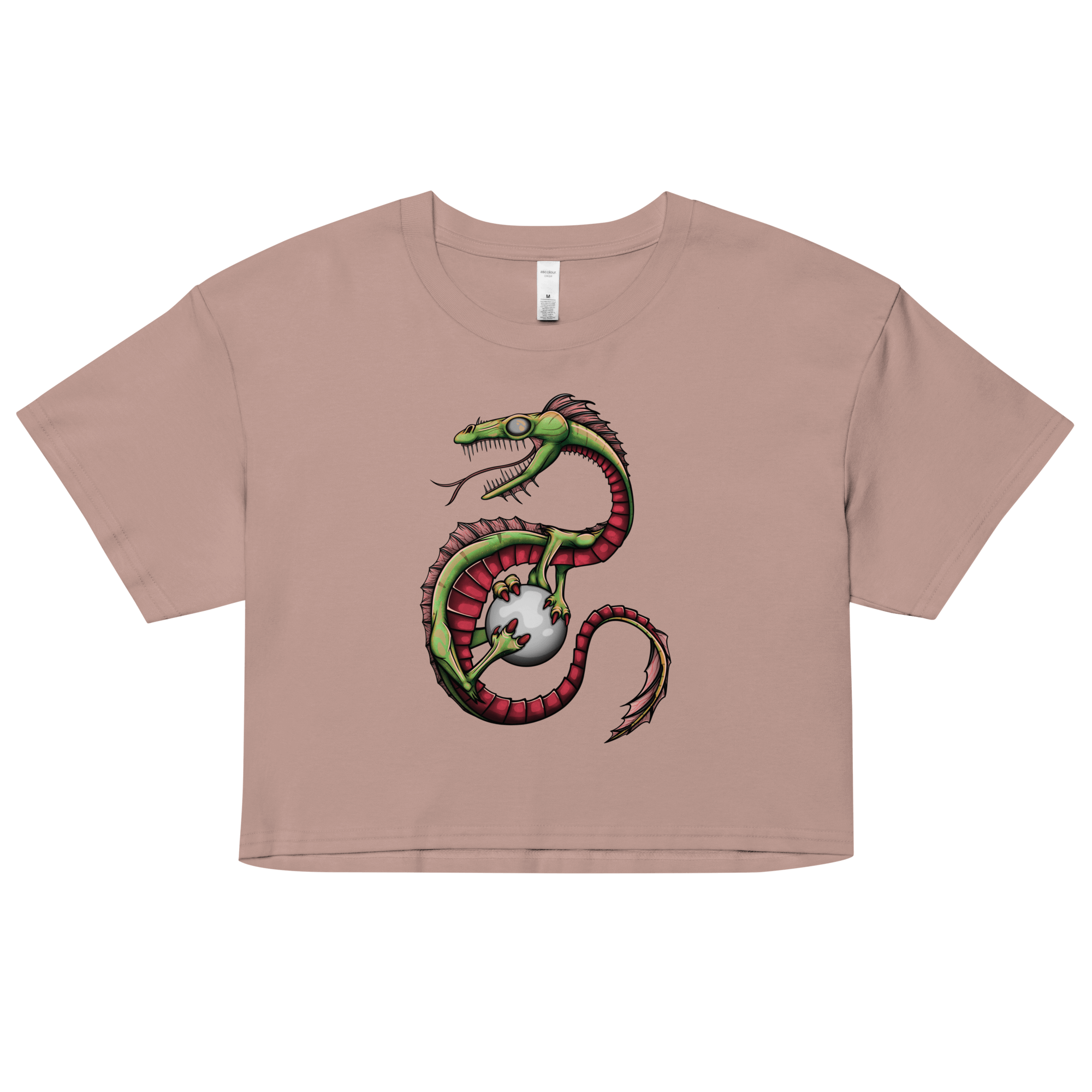 pink women’s crop top with cool dragon drawing