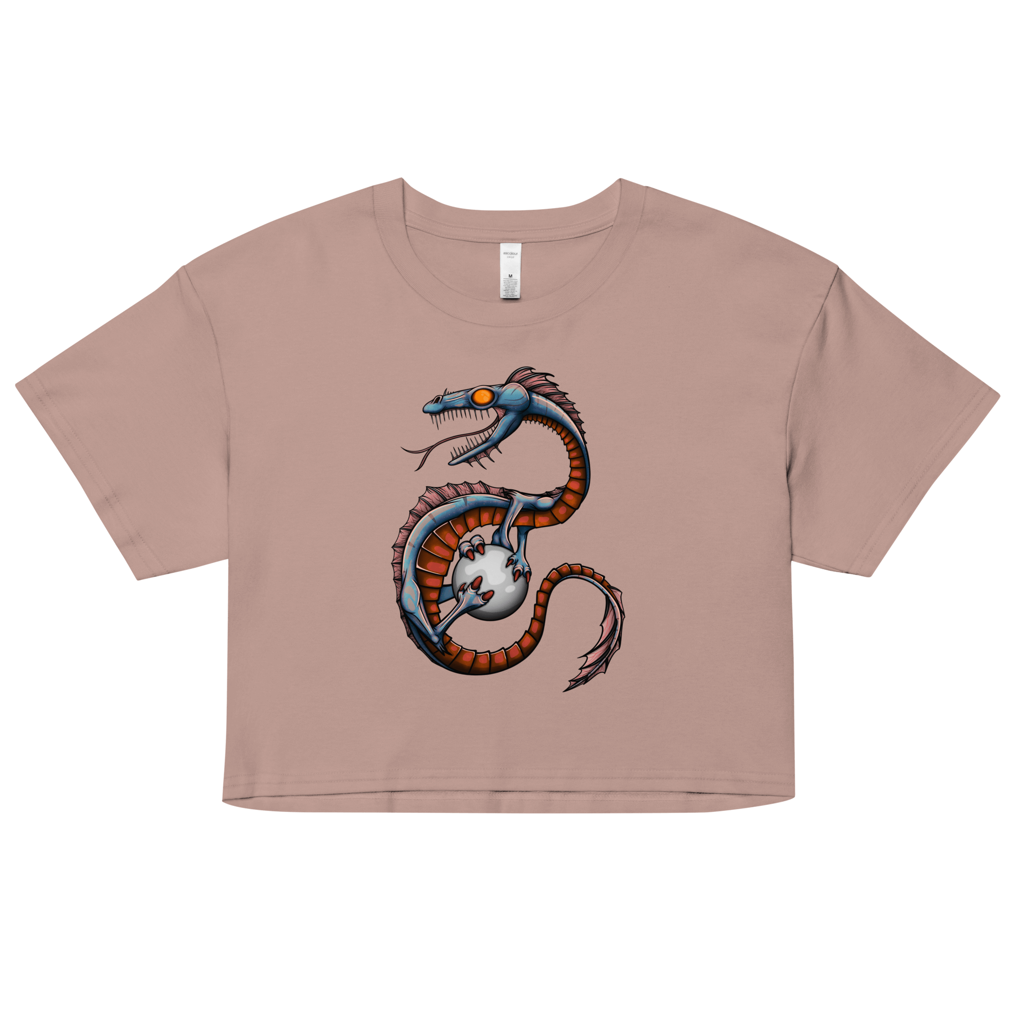 pink women’s crop top with cool dragon drawing