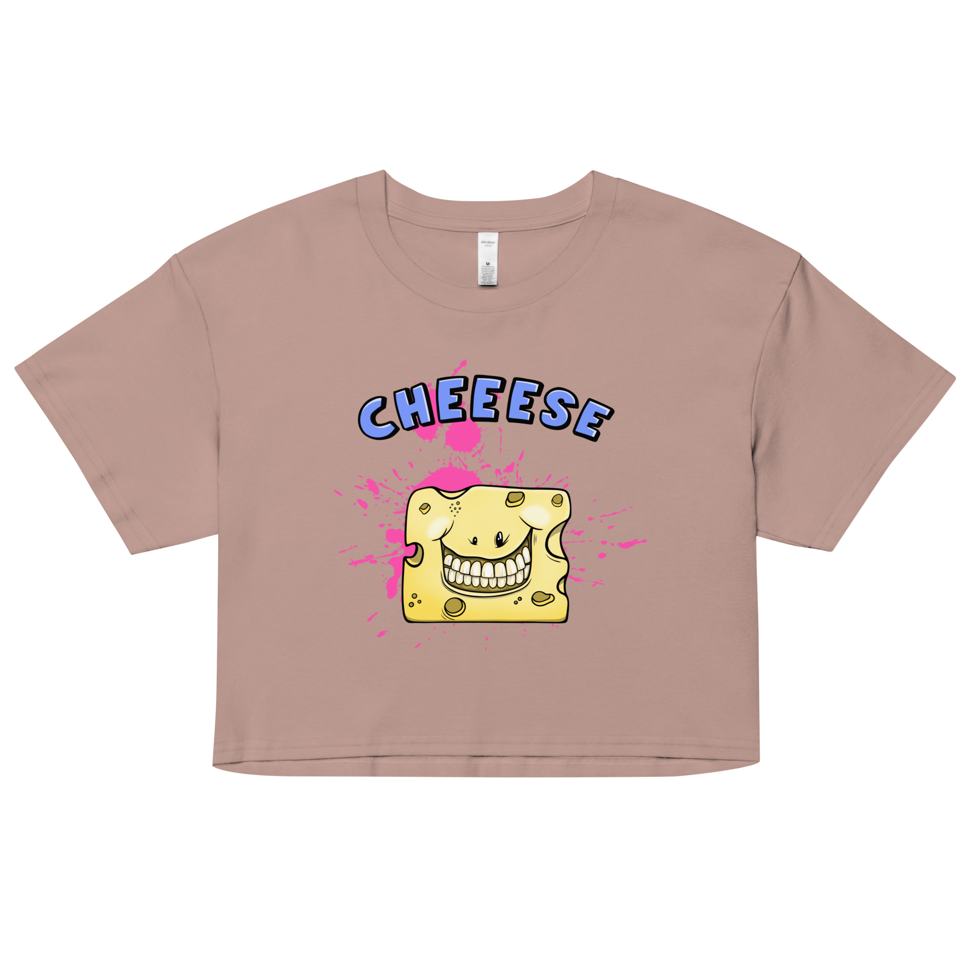 cute smiling cheese in cartoon style on pink women’s crop top 