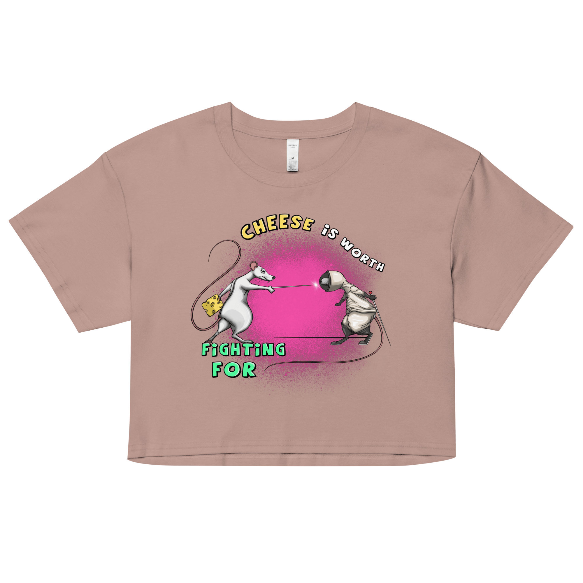 pink women’s crop top with a funny rat and cheese fencing match