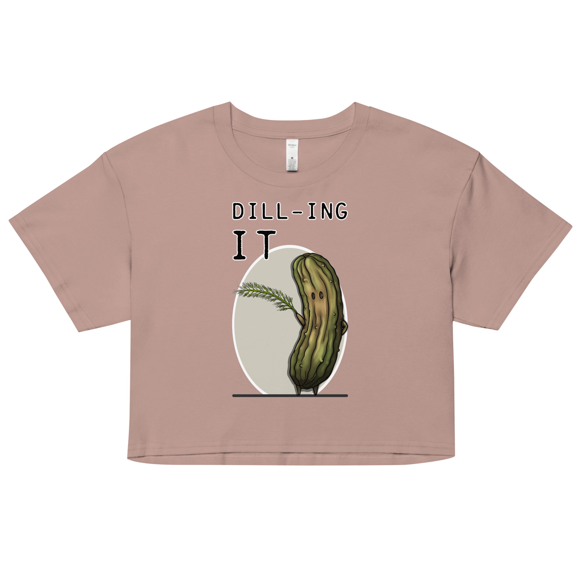 pink women’s crop top with funny pickle dilling it drawing