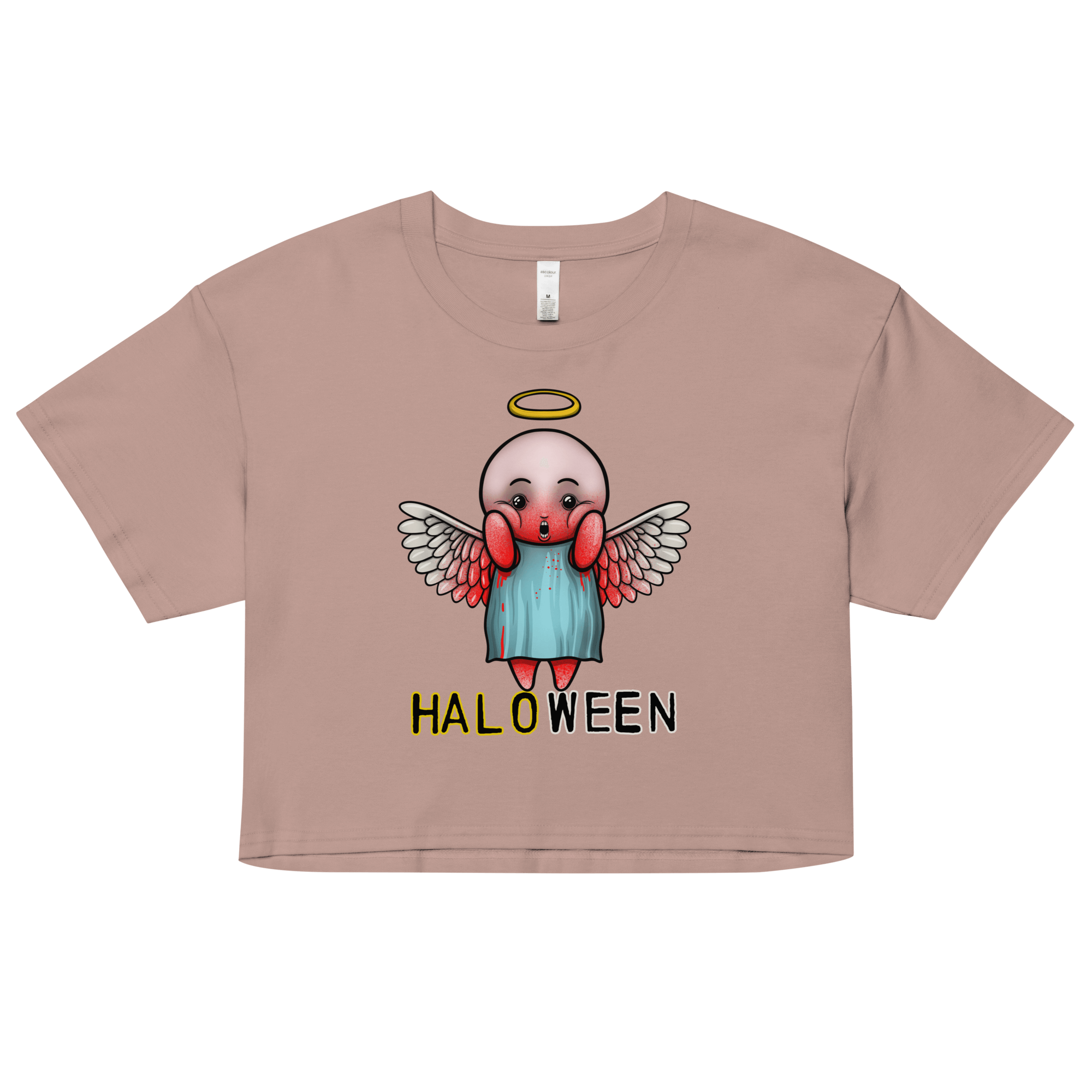 Cartoon Halloween angel on women's crop top pink