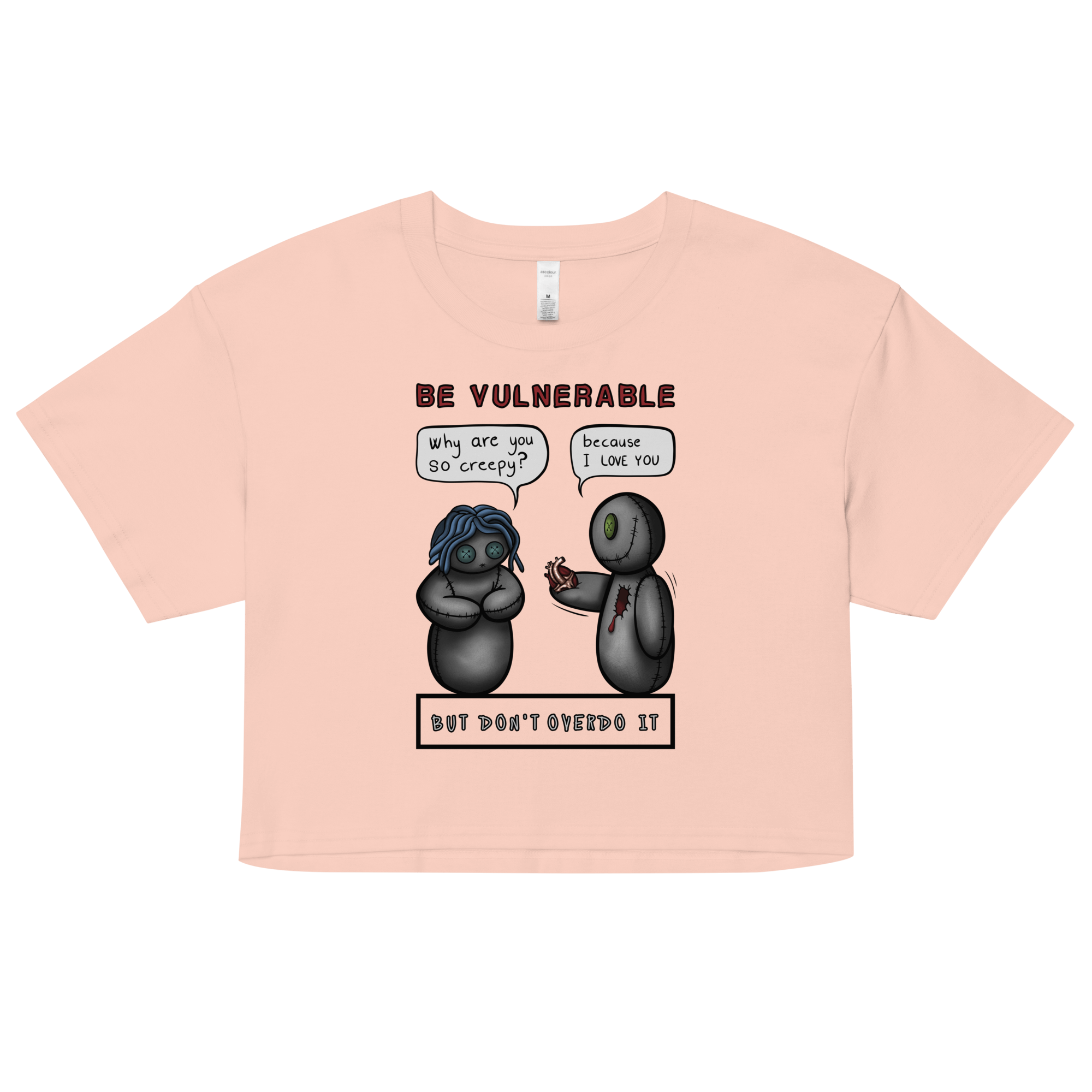 pink crop top with cartoon drawing of heartbreak