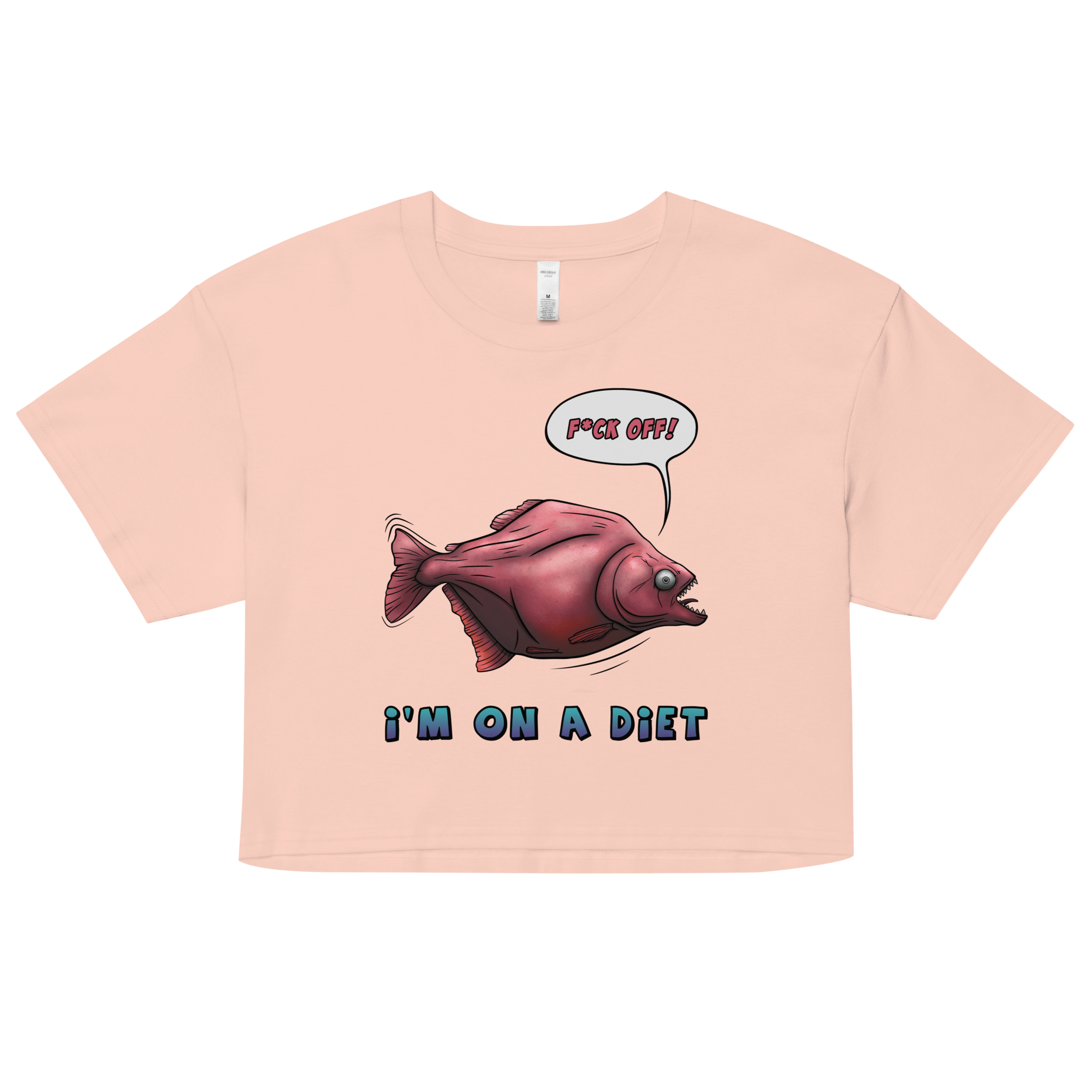 Pink crop top with a hungry cartoon piranha on a diet