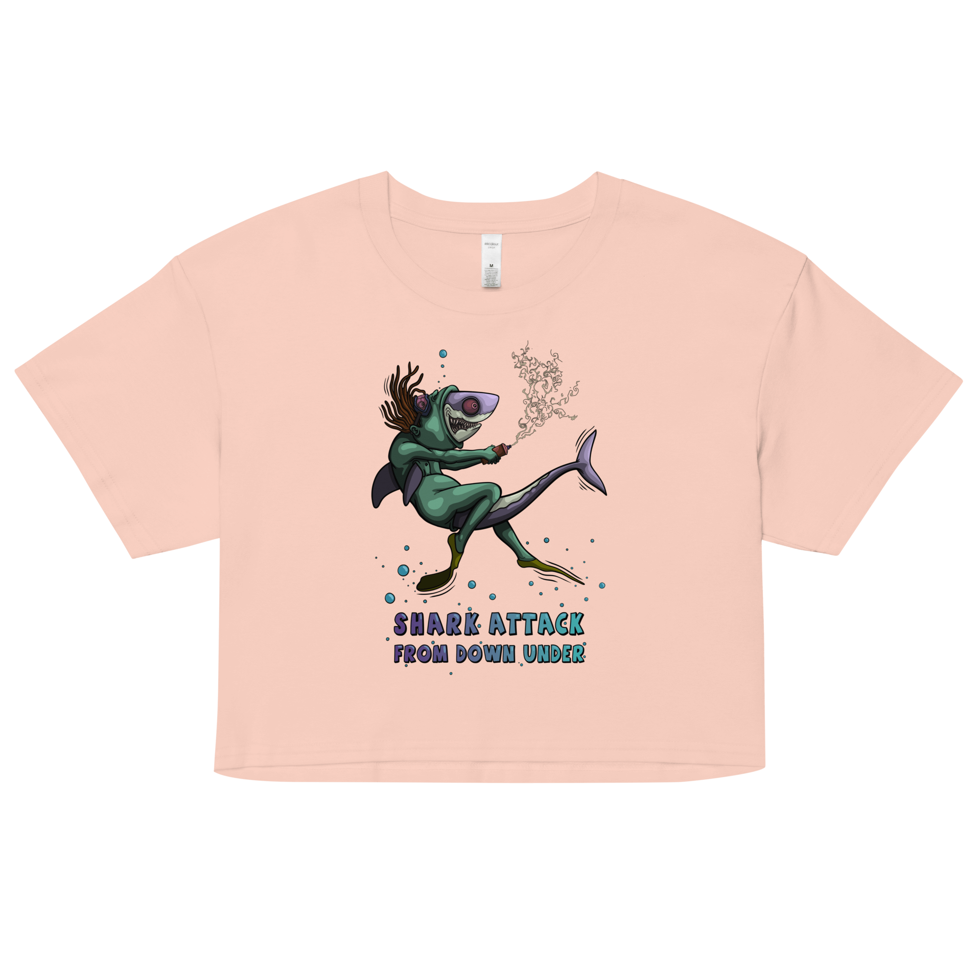 cartoon diver and shark design on pink crop top