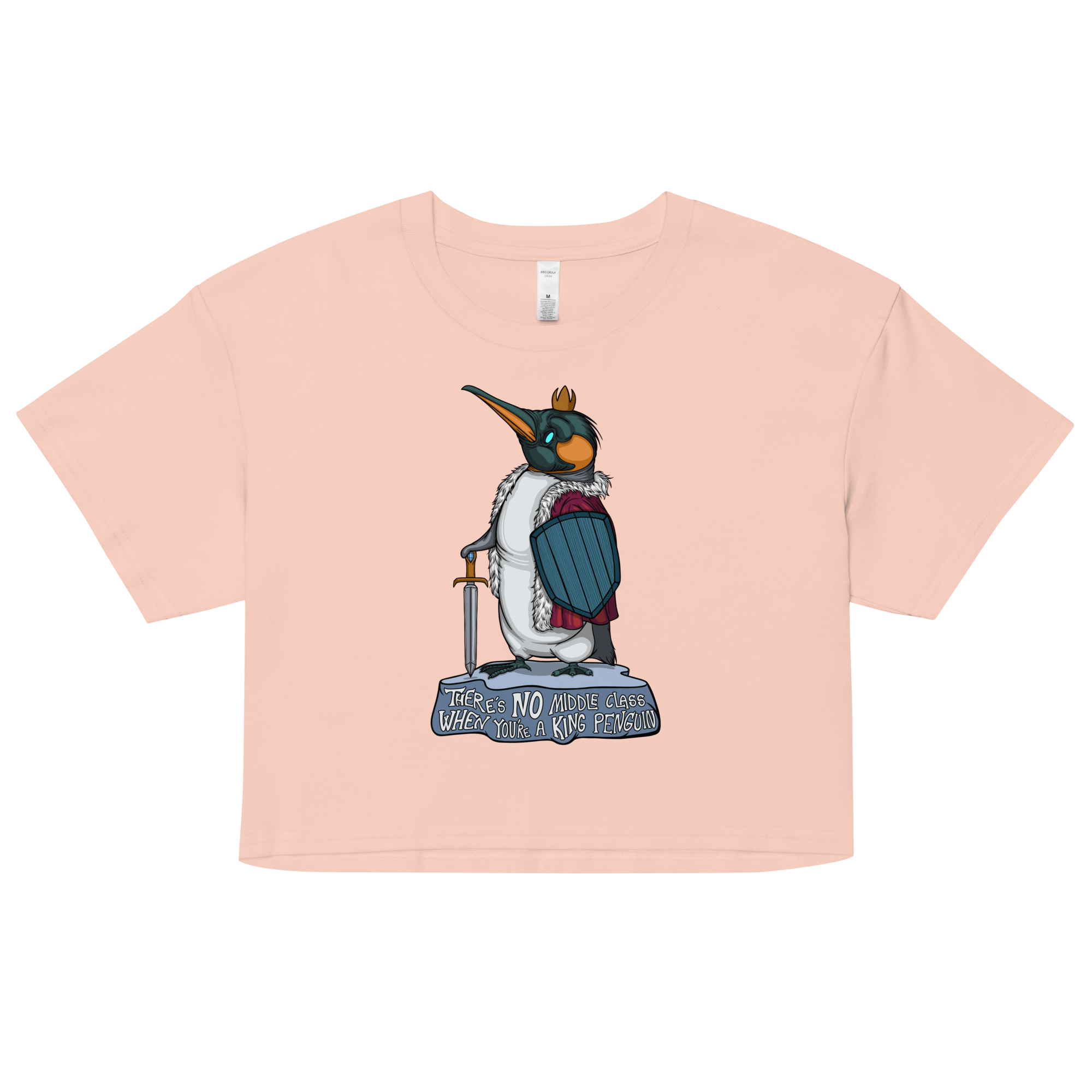 pale pink women’s crop top with a cute penguin drawing in cartoon style