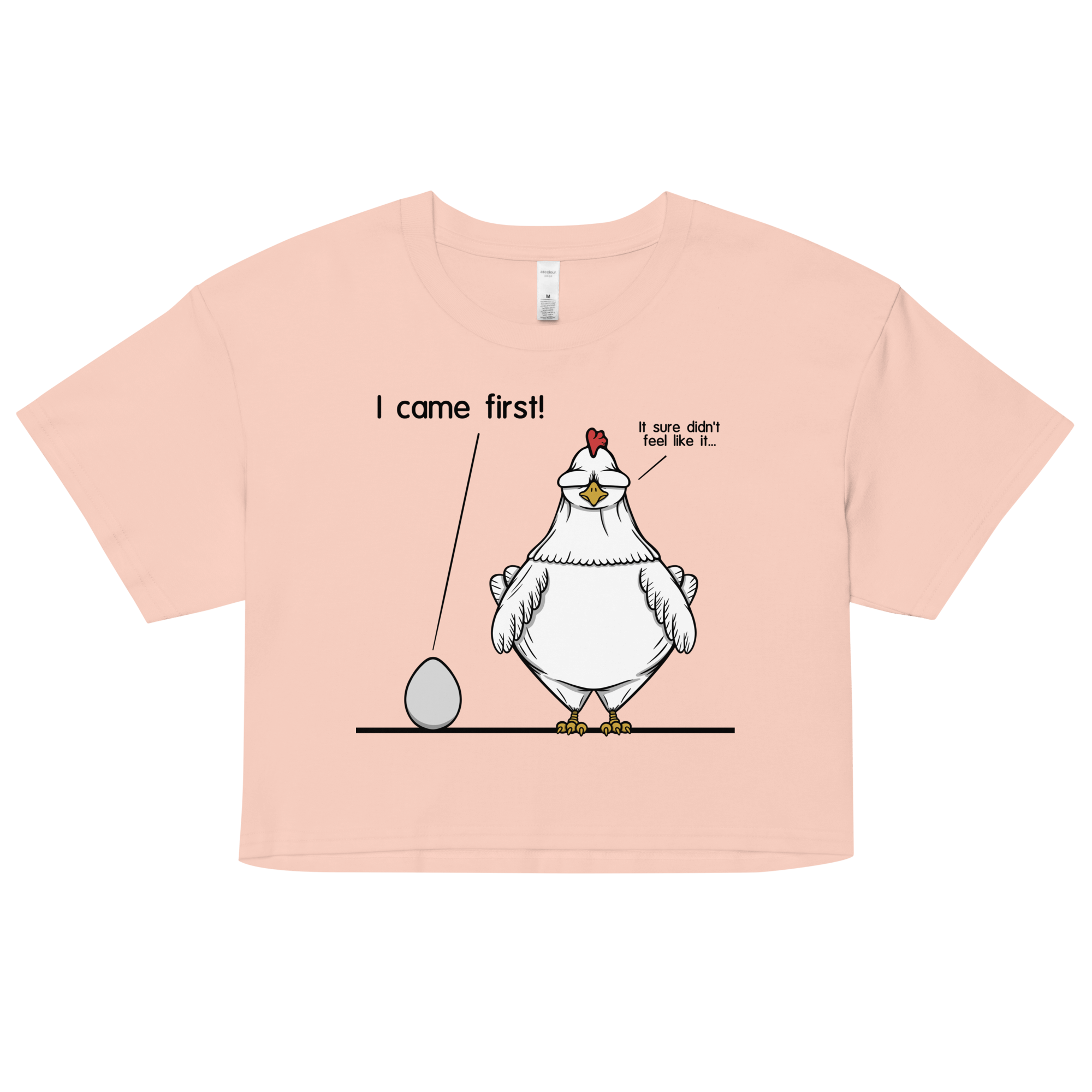 pink women’s crop top with cartoon chicken and egg debate