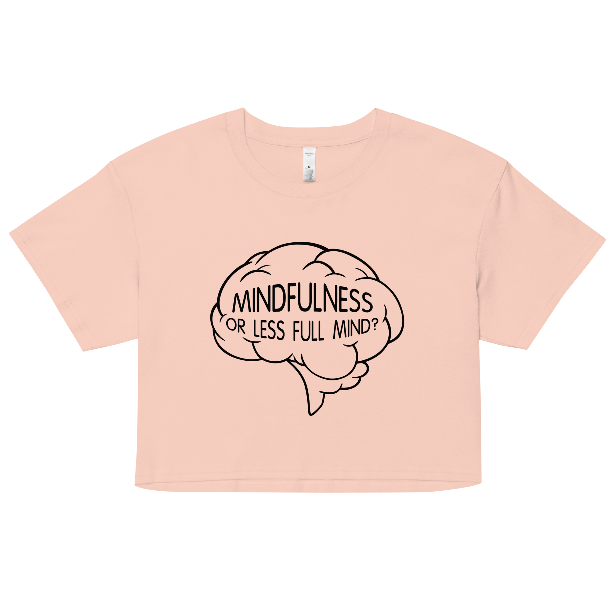 pink women’s crop top with cartoon brain and mindfulness