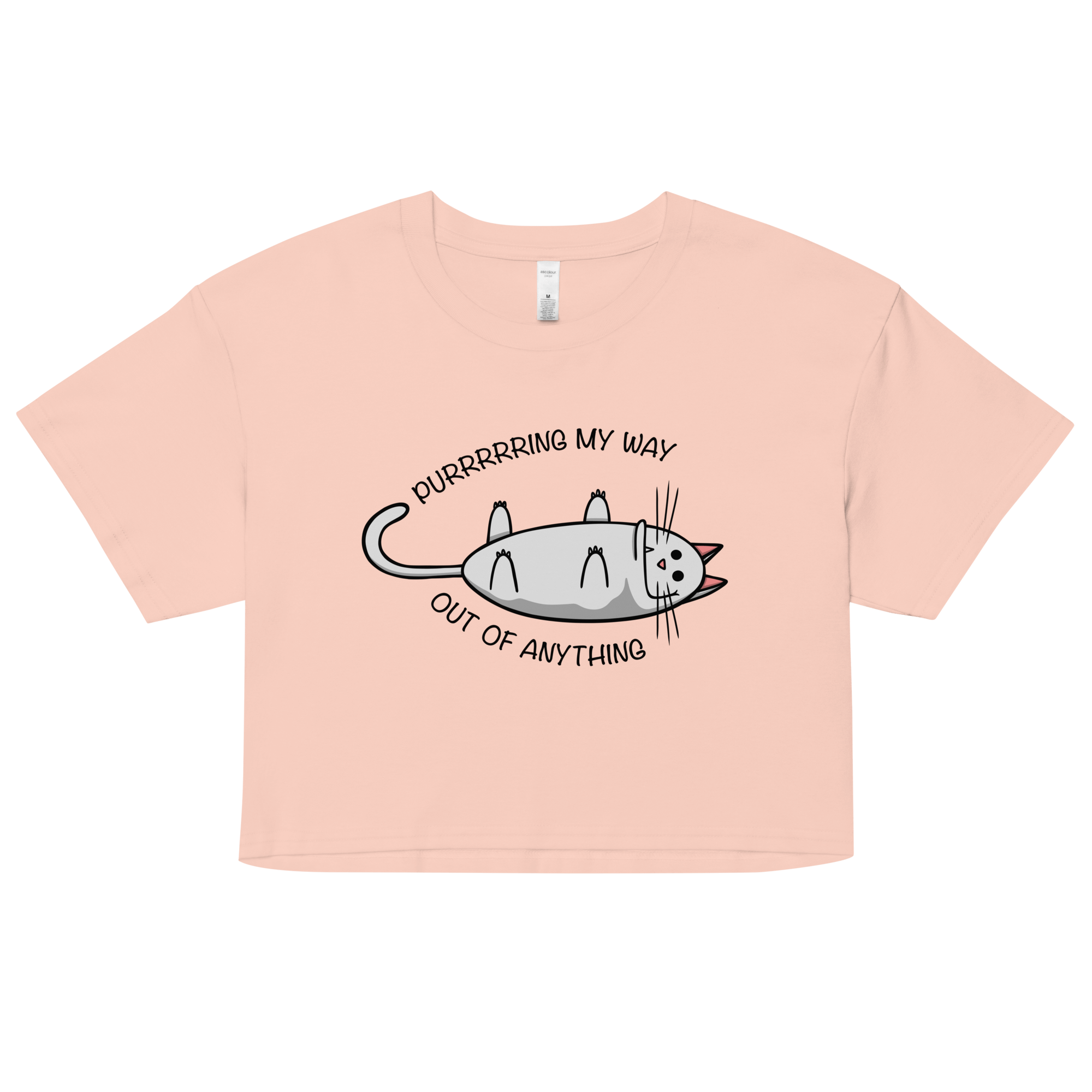 pink women’s crop top with a cute pussycat laying on its back