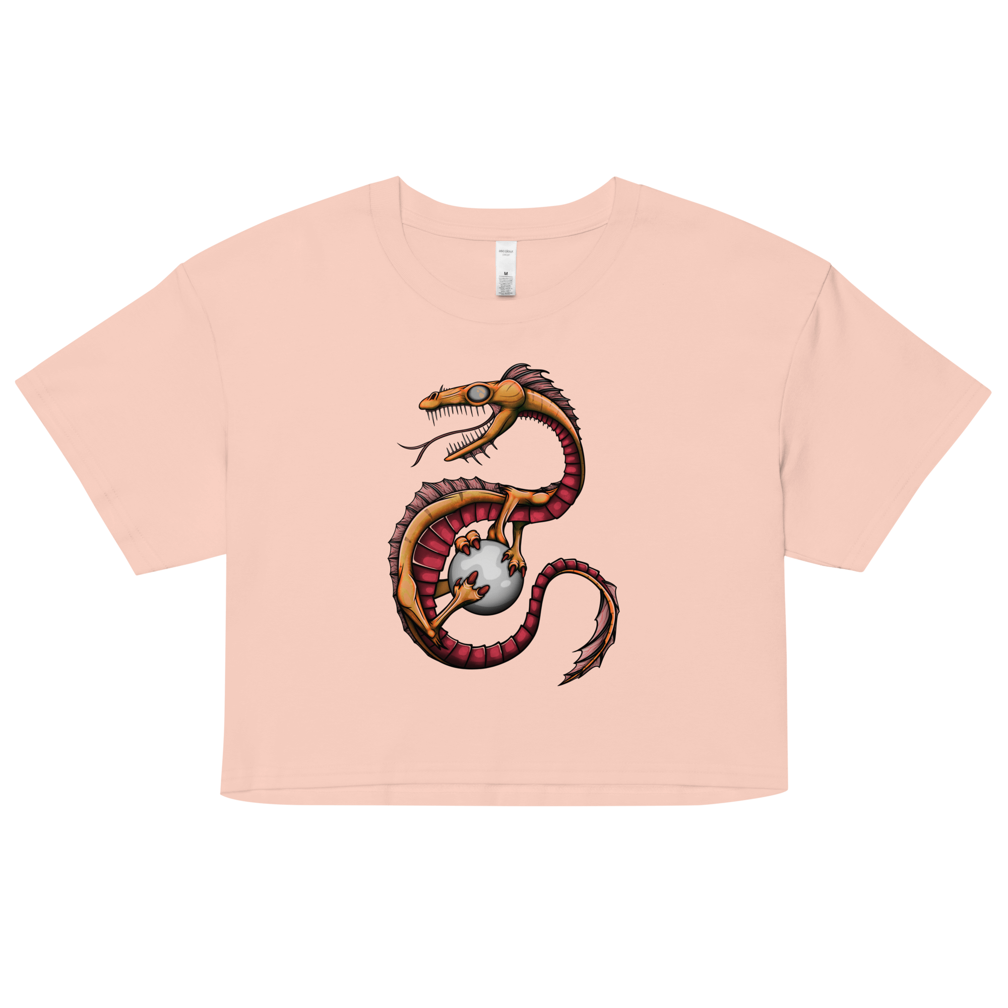 pink women’s crop top with fantasy dragon drawing