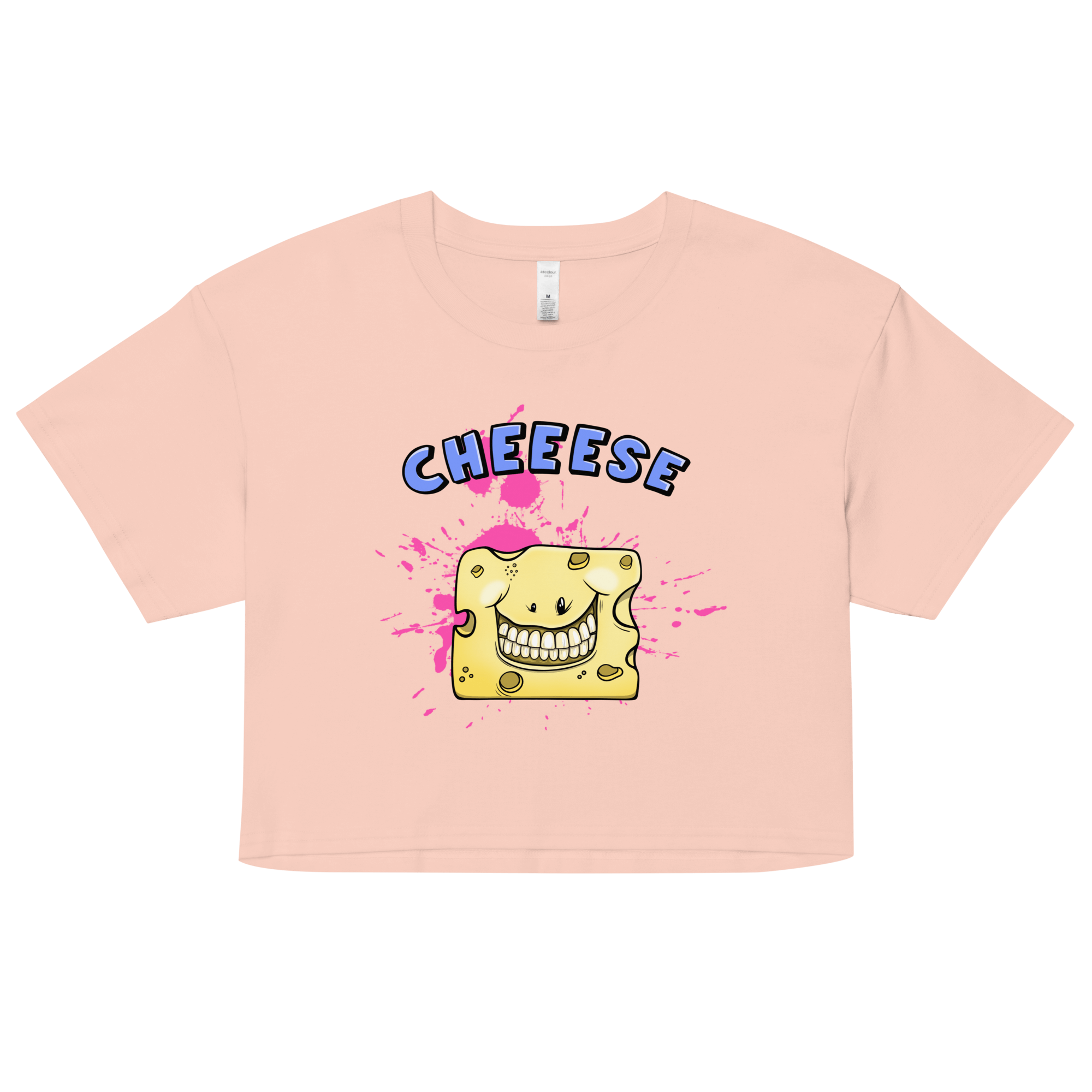 cheesy cartoon og a smiling cheese on pink women’s crop top