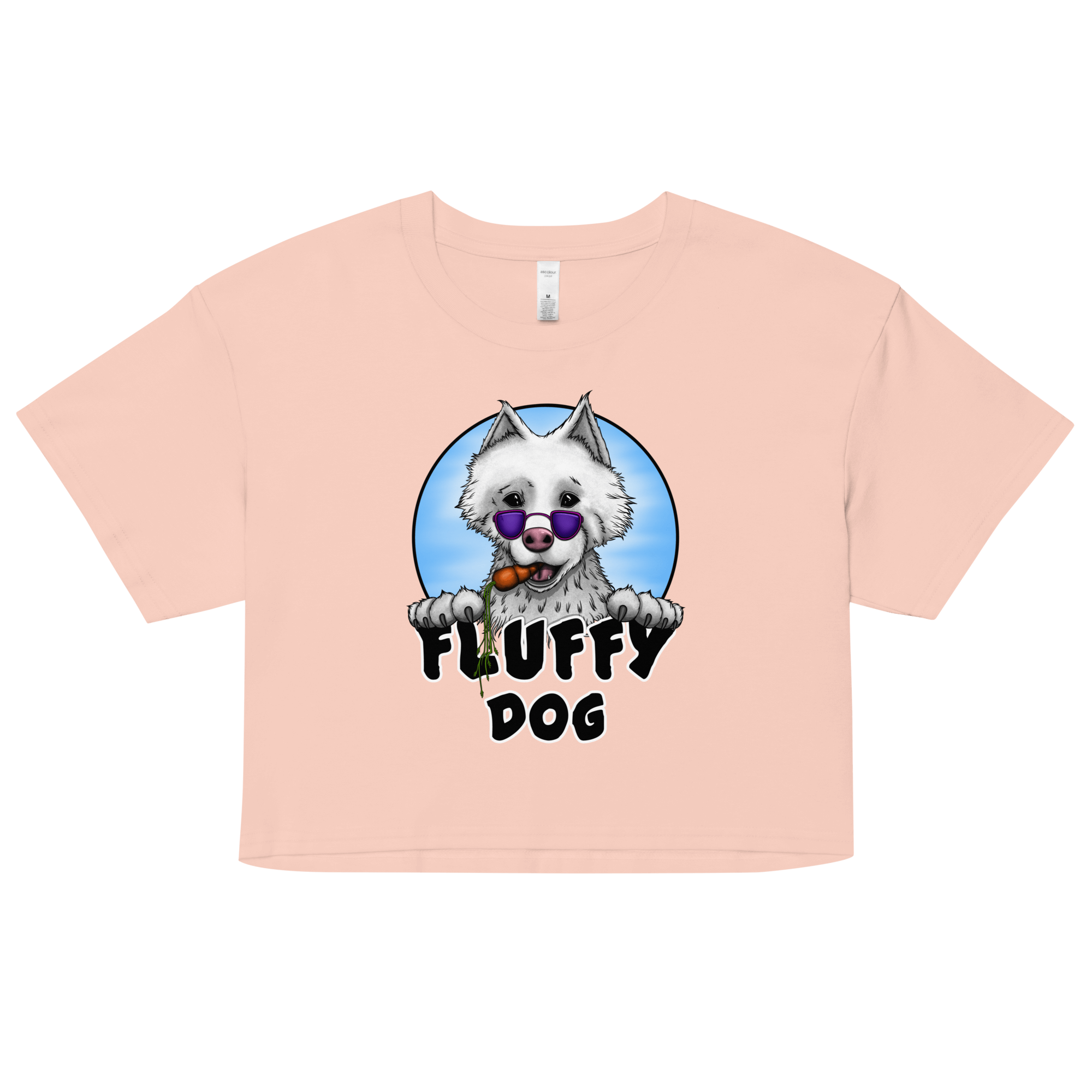 pink women’s crop top with purple sunglasses on a white fluffy dog