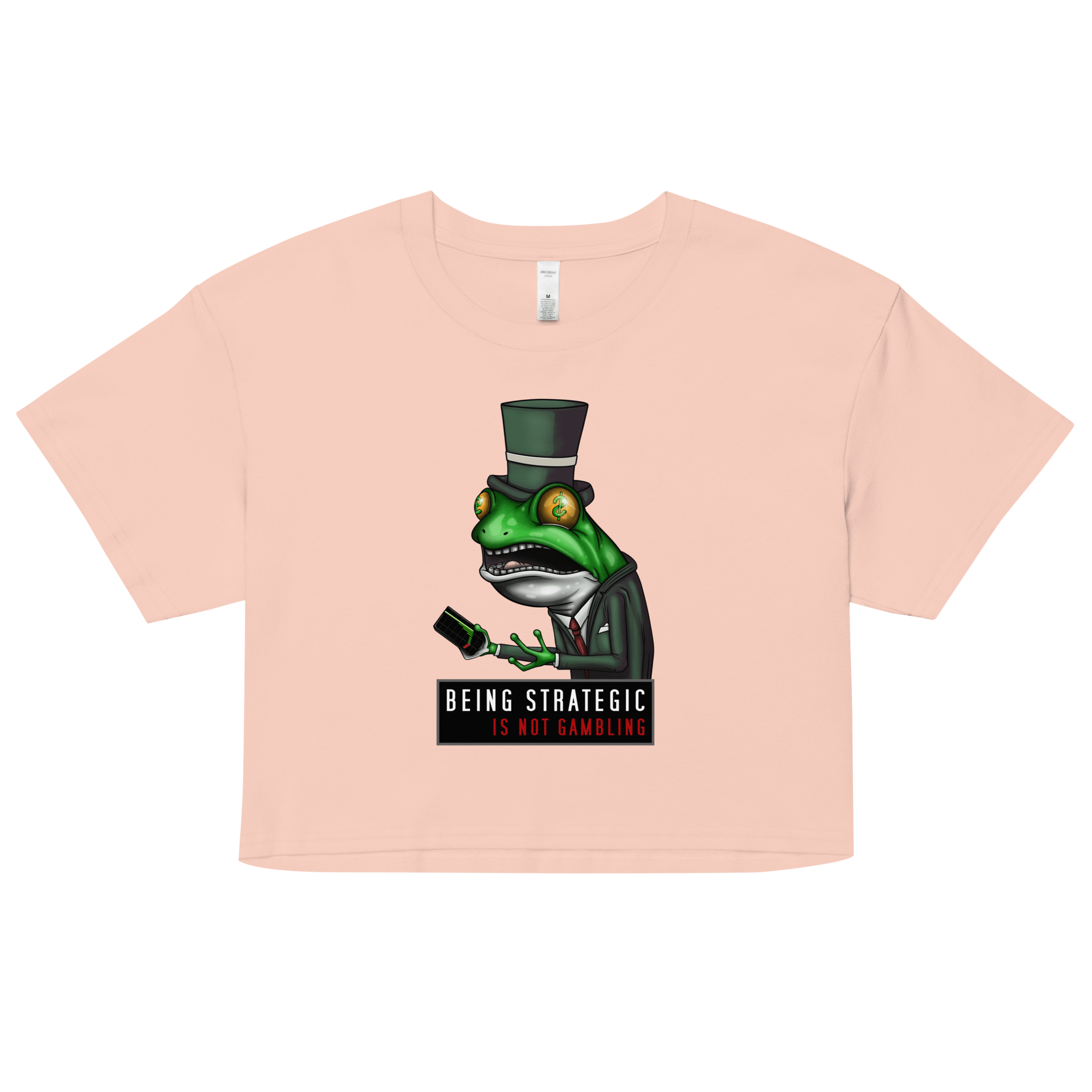 stock market investor dapper frog on woman's crop top pink