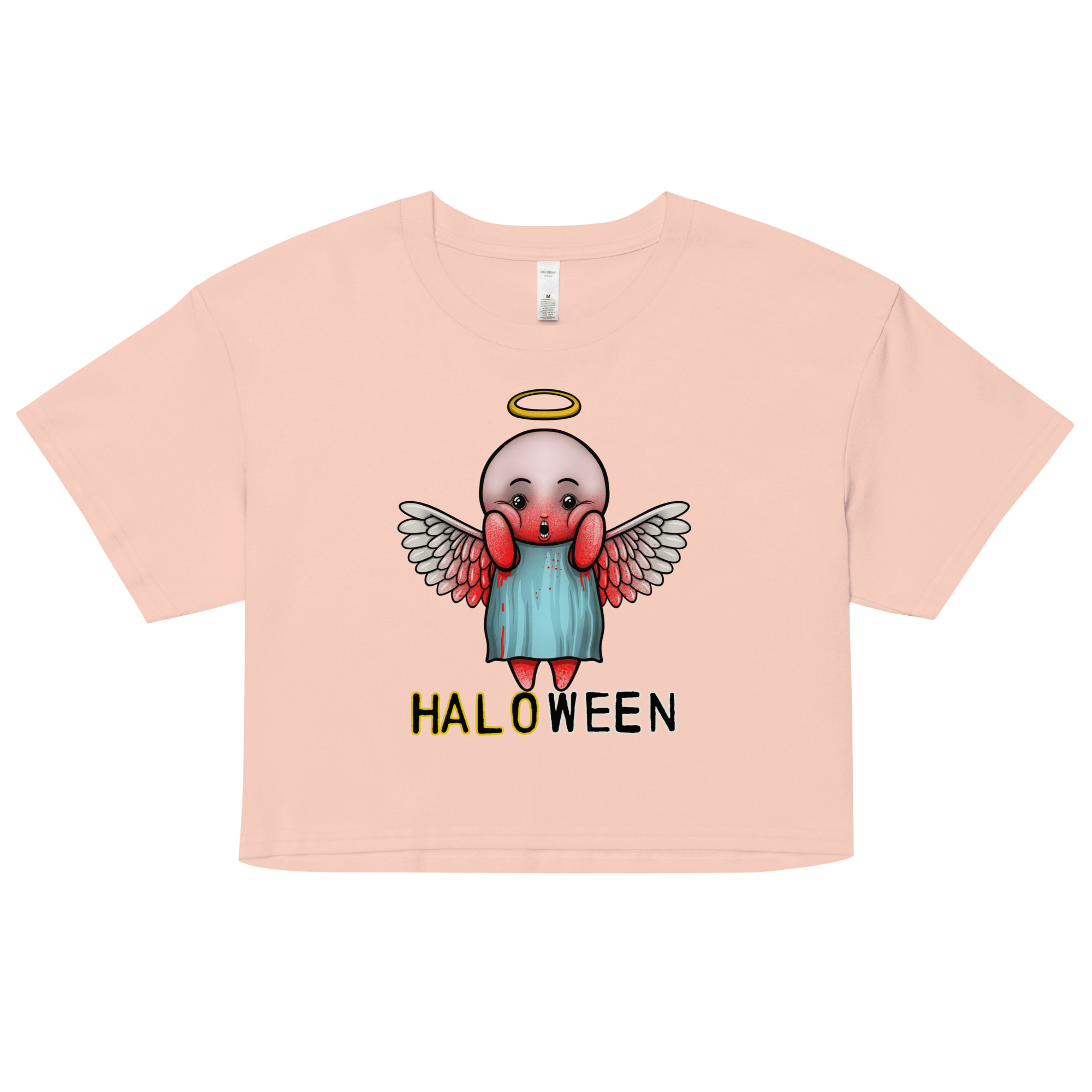 women's crop top pink with bloody halloween angel drawing