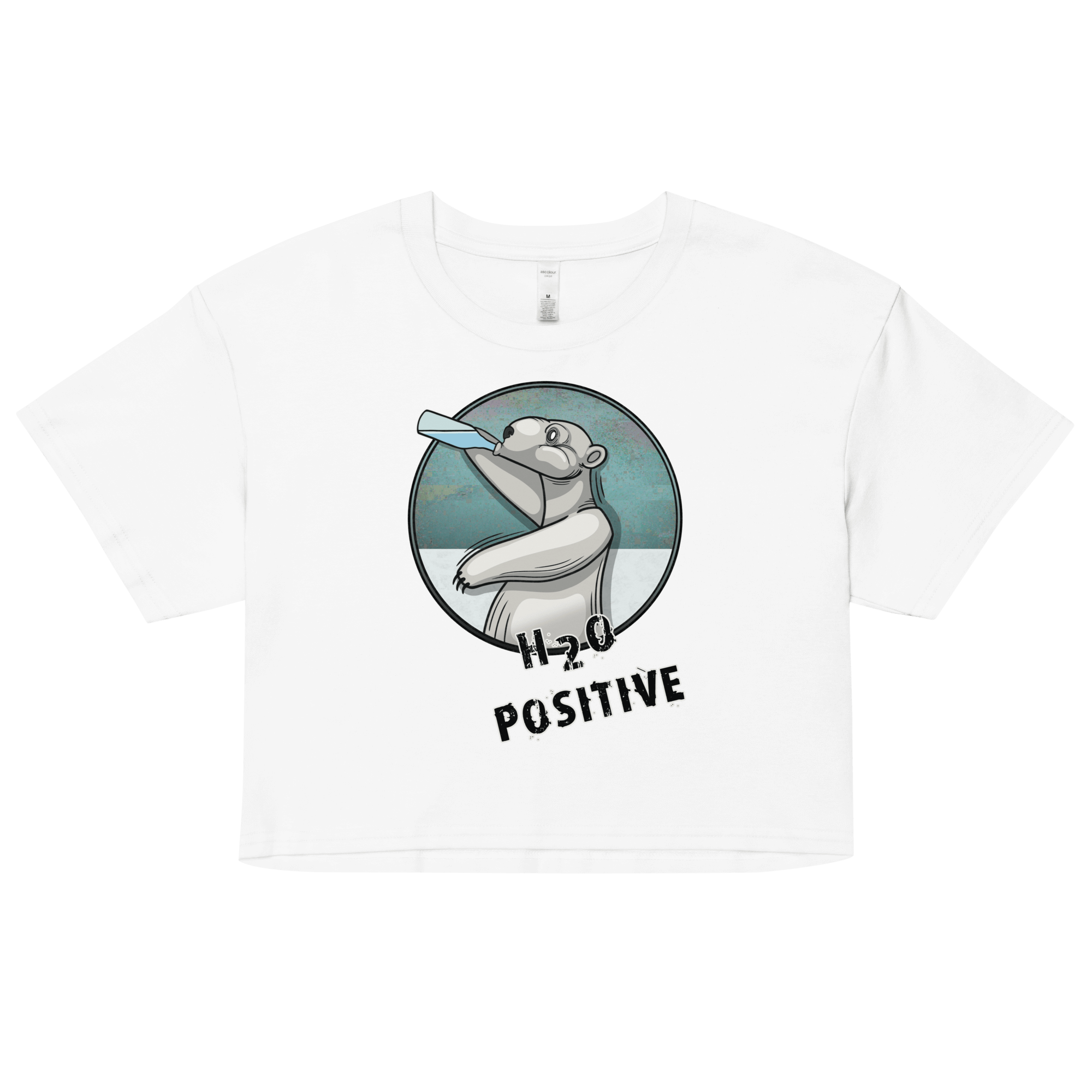 H20 positive polar bear cartoon on white crop top for women