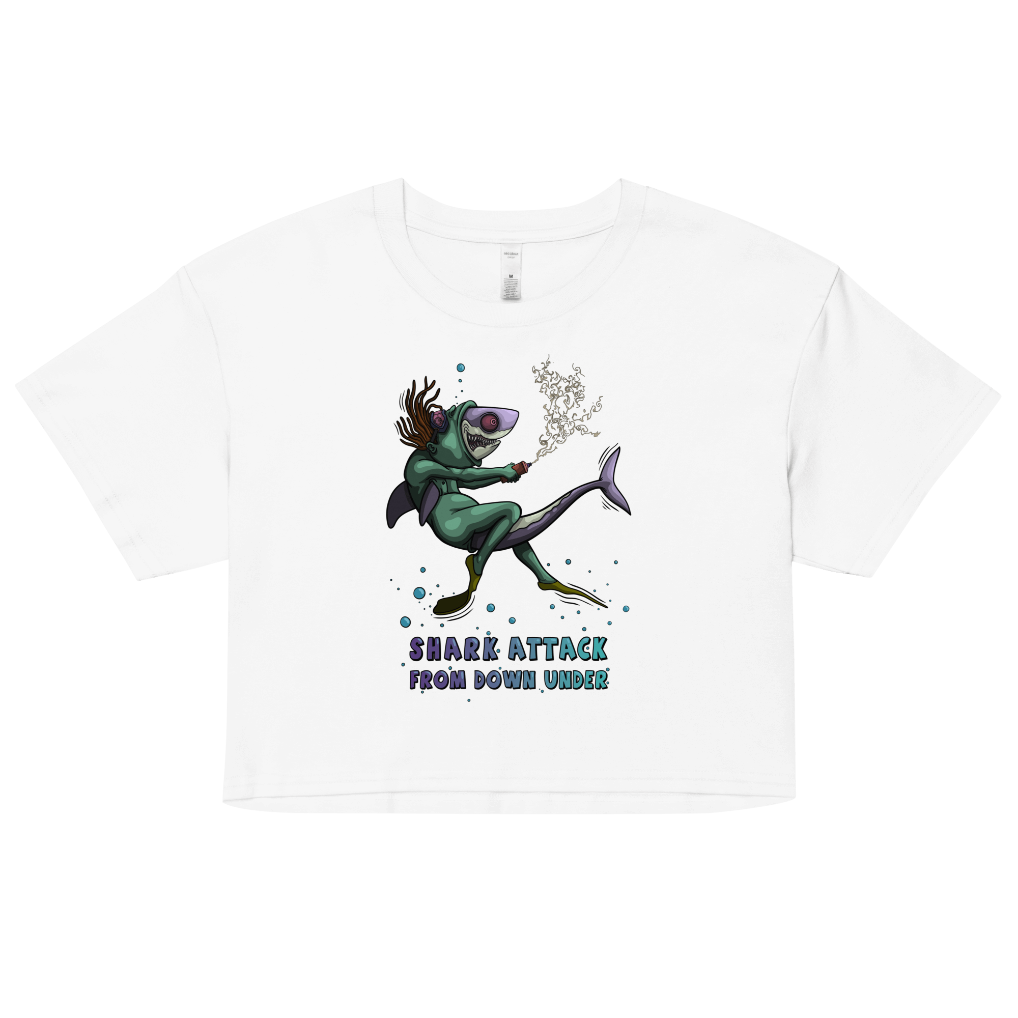 crazy shark cartoon on white crop top for women